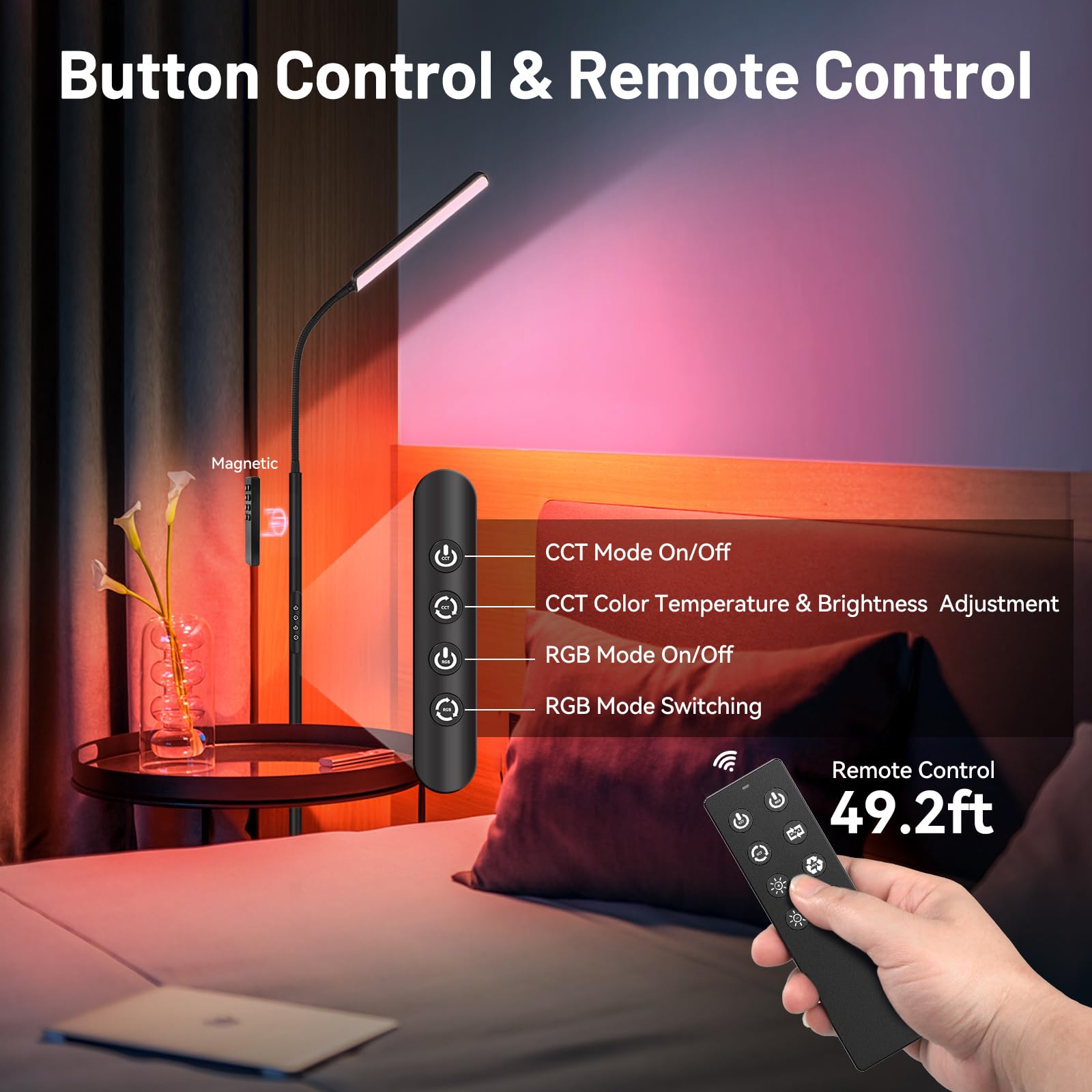 Dimunt LED Floor Lamp - 15W RGB Dimmable Corner Light, 3000K-6500K, Remote & Touch Control, Adjustable Gooseneck, Black+RGB, Model