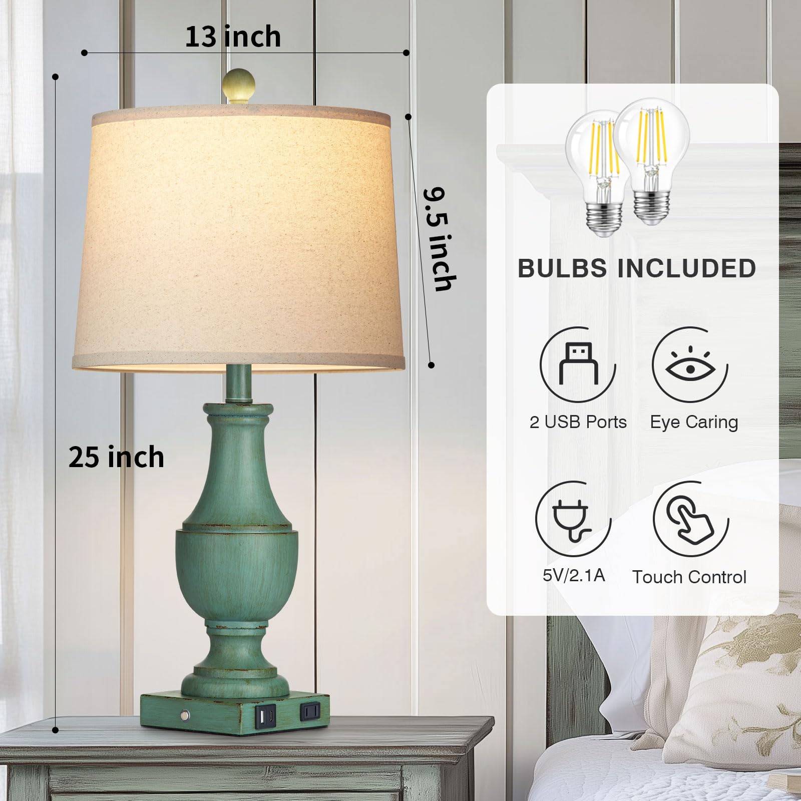 Rinweey Farmhouse Table Lamp Set Of 2, Rustic Touch Control 3-Way Dimmable Lamps With Usb A+C Charging Ports & Ac Outlet, Vintag