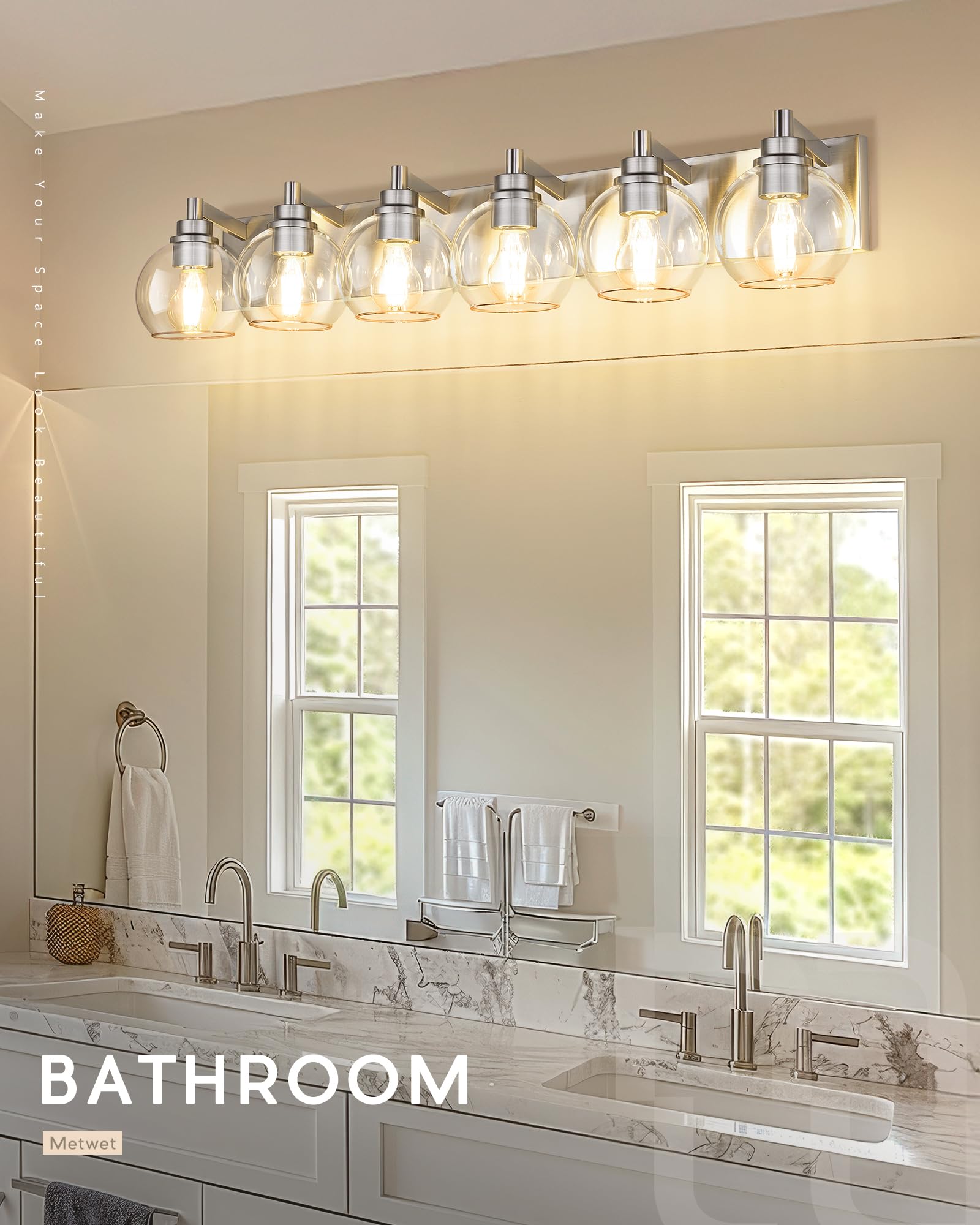 Metwet Bathroom Light Fixtures, 6 Light Brushed Nickel Vanity Light, 38 Inch Modern Wall Sconces With Globe Clear Glass Shade, V