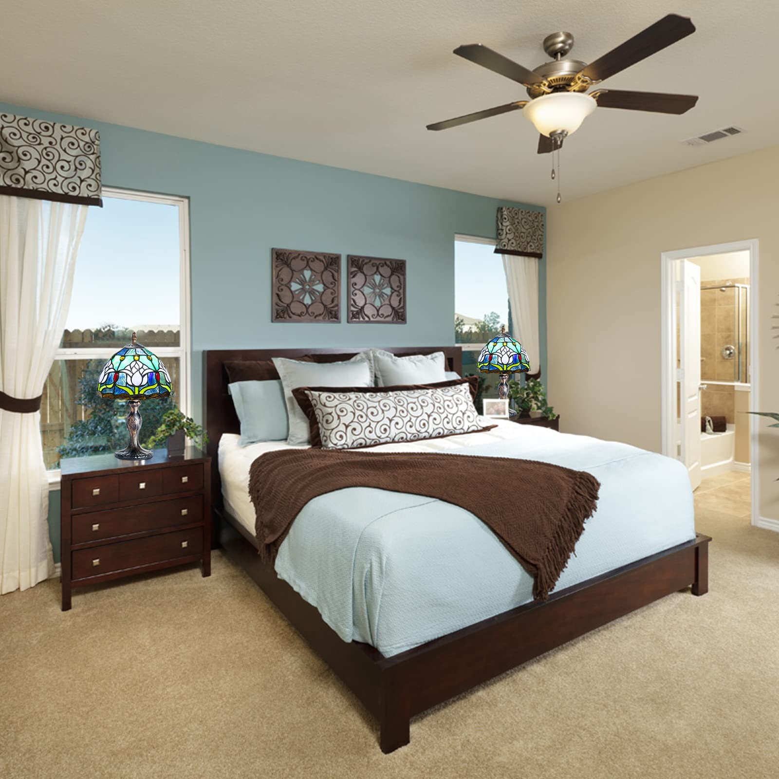 Miaoke Stained Glass Lamp Stained Glass Table Light  Handmade Desk Bedside Table Night Lamp  Antique Art Craft Gifts Lover Kid Living Room Bedroom Study Bookcase Desk Ligh-Blue Tulip