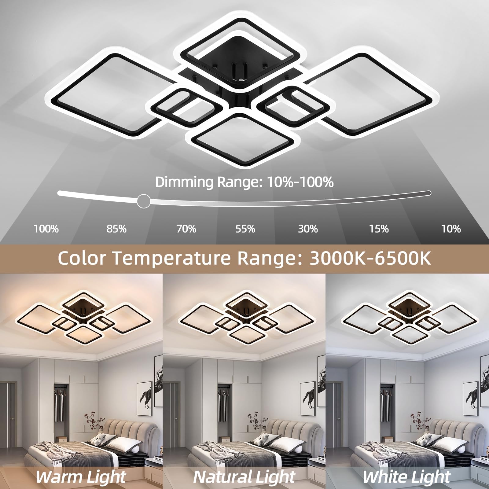 Modern Ceiling Light, 40.2'' Led Dimmable Acrylic Square 6+1 Rings Ceiling Lights With Remote, Black Flush Mount Ceiling Light F