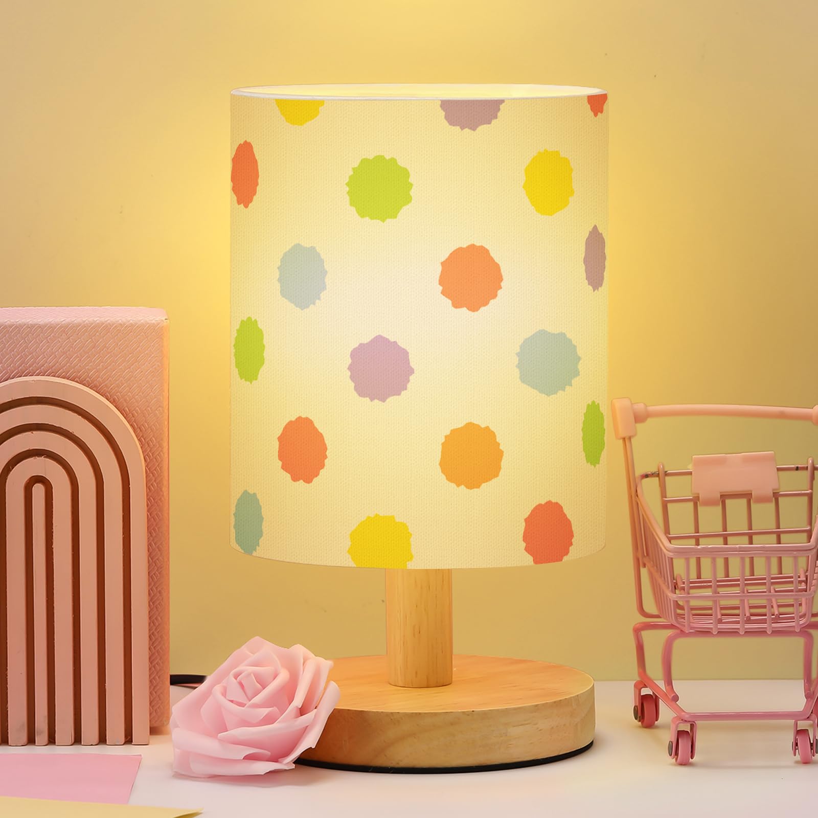 Vihose Polka Dot Table Lamp For Bedroom Kids Bedside Lamp With Linen Wooden Nightstand Lamp Cartoon Nursery Lamp Lampshade For G