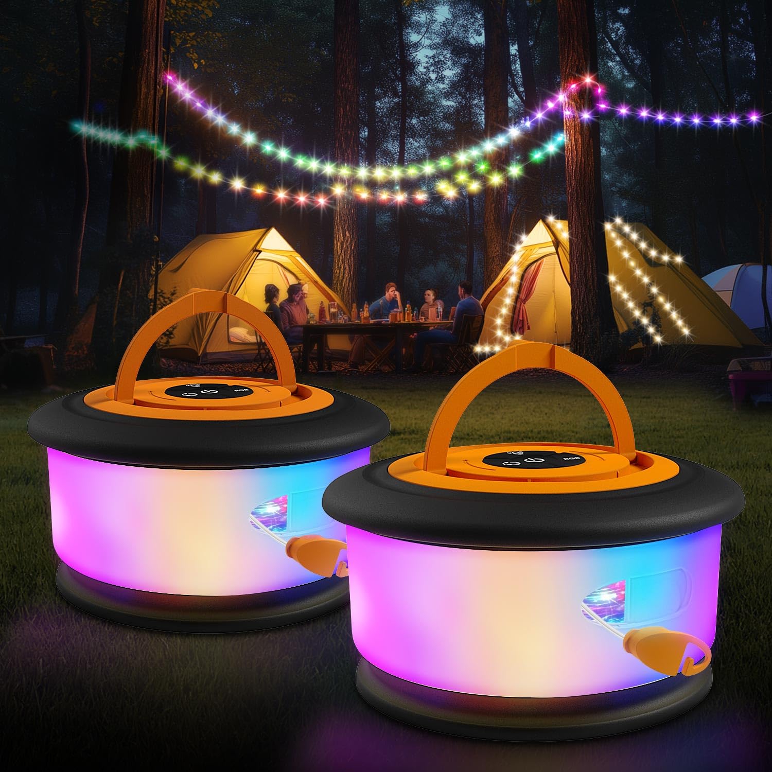 Zocelight 2pcs Camping String Lights, 32.8FT Rechargeable LED, 19 Lighting Modes, Black & Orange, Model L26-B-O-2pcs
