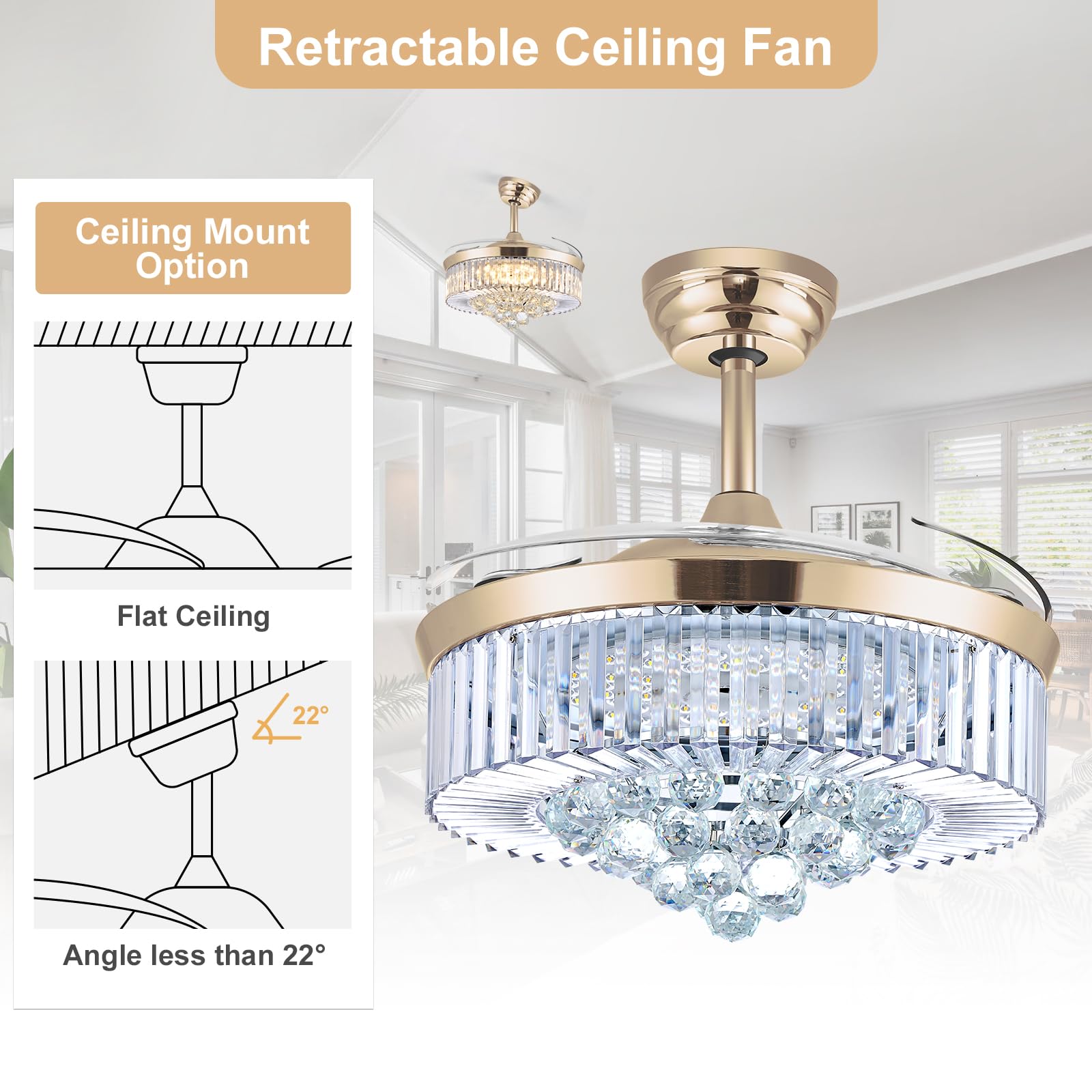 WWahuayuan 48in Modern Chandelier Ceiling Fan, Crystal Light, Remote Control, 6 Speeds, Gold, Model HYGX02GD-48