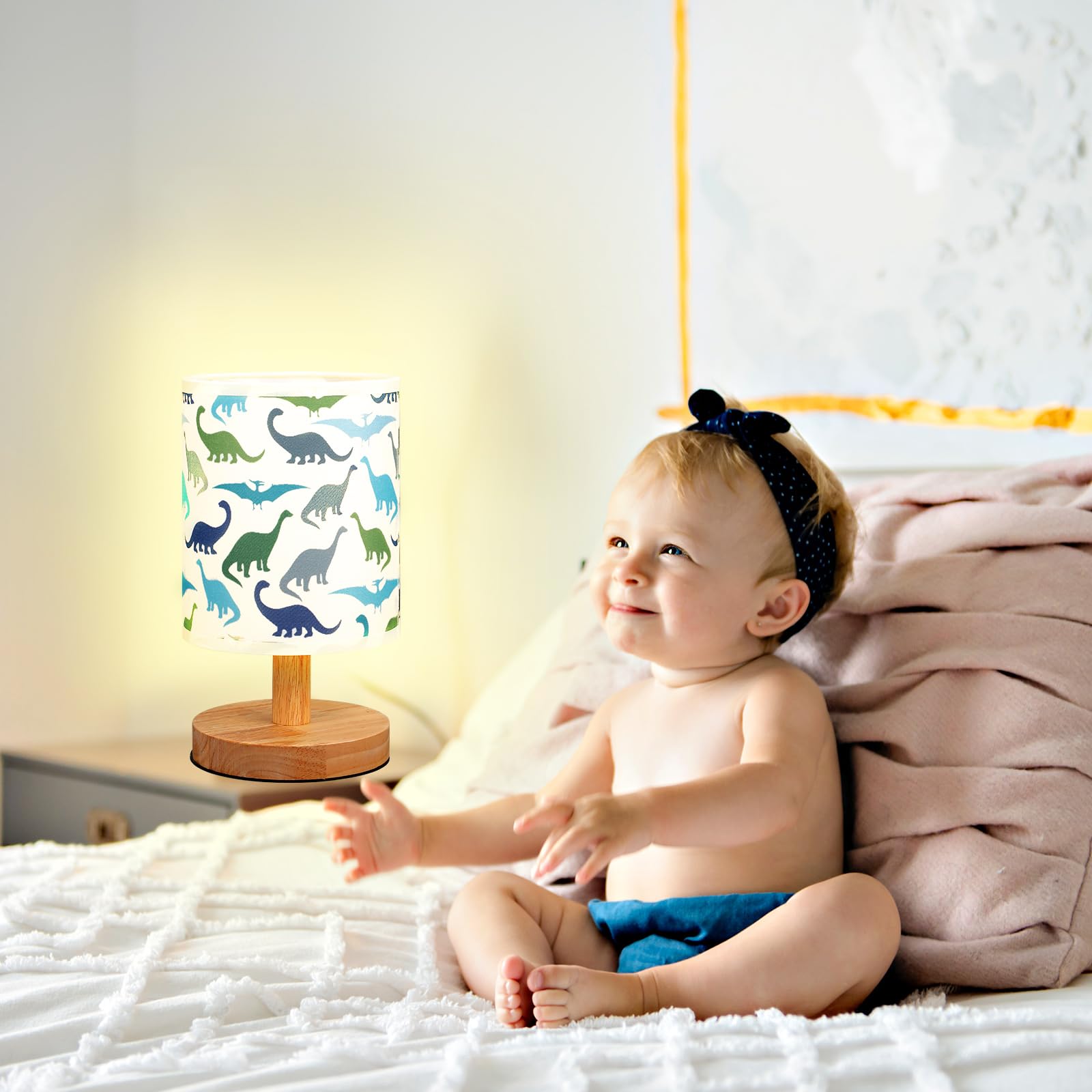 Vihose Dinosaur Lamp For Boy Dino Kids Lamp With Linen Wooden Nightstand Cartoon Nursery Light Lampshade For Girls Boys Living R