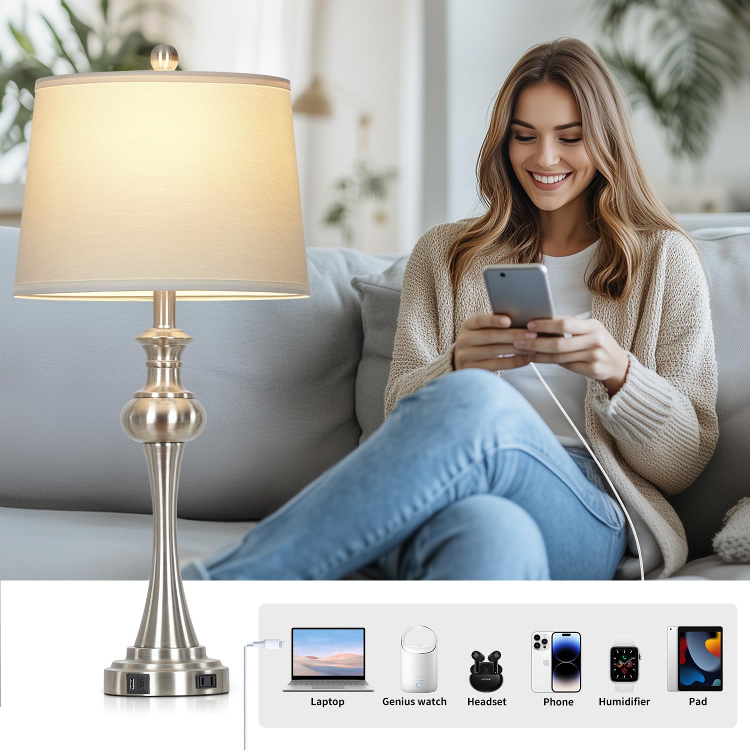 Cinyirong 28.75'' Silver Table Lamps For Living Room,Touch Lamps For Bedrooms Set Of 2 - Nightstand Table Lamp With Usb C+A, 3 W