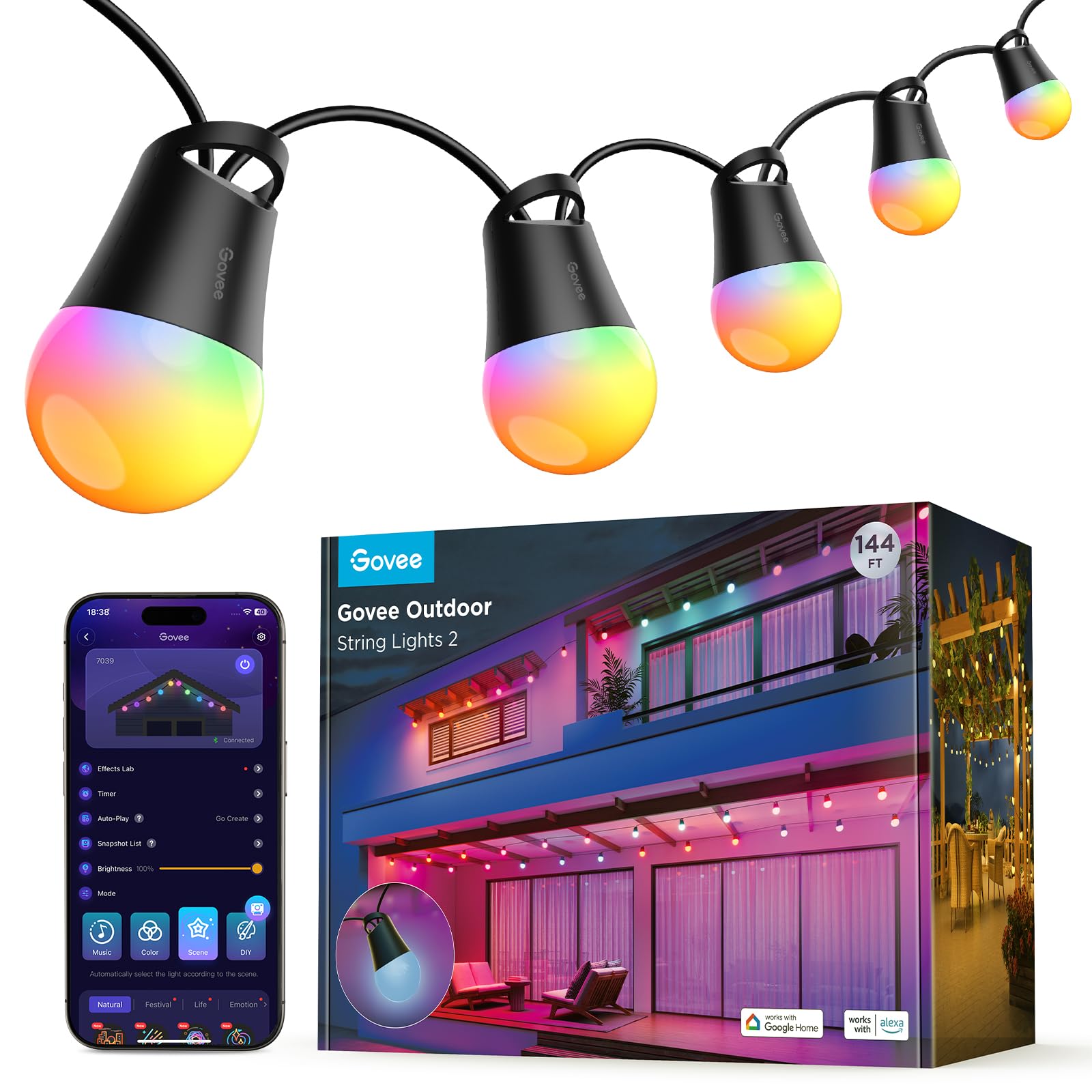 Govee Smart Outdoor String Lights, 144ft, Dimmable Warm White LED, IP65 Waterproof, RGBICW, Model H7039