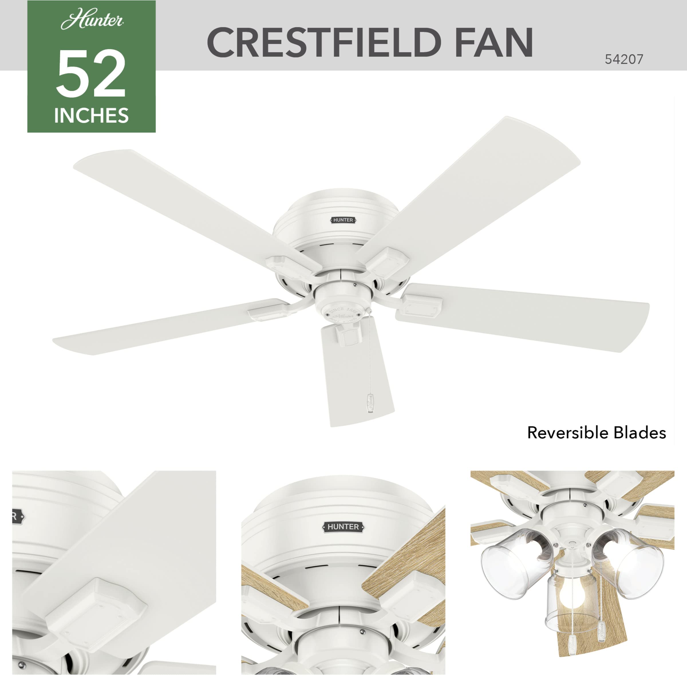 Hunter Fan Company, 54207, 52 Inch Crestfield Fresh White Low Profile Ceiling Fan With Led Light Kit And Pull Chain