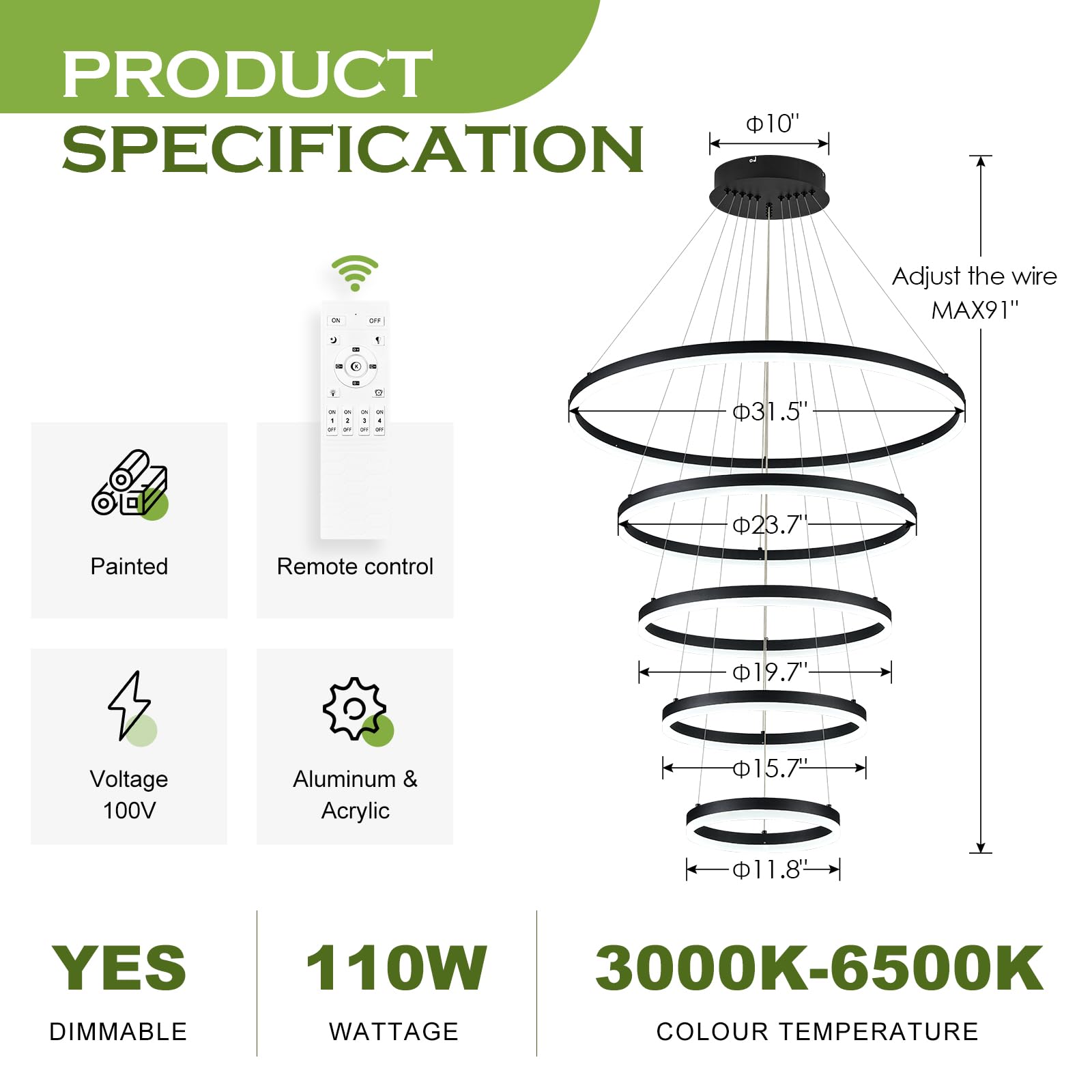Benkut Modern LED Chandelier Black 5 Ring Dimmable 3000K-6500K Remote Control Model P60-5BDC1