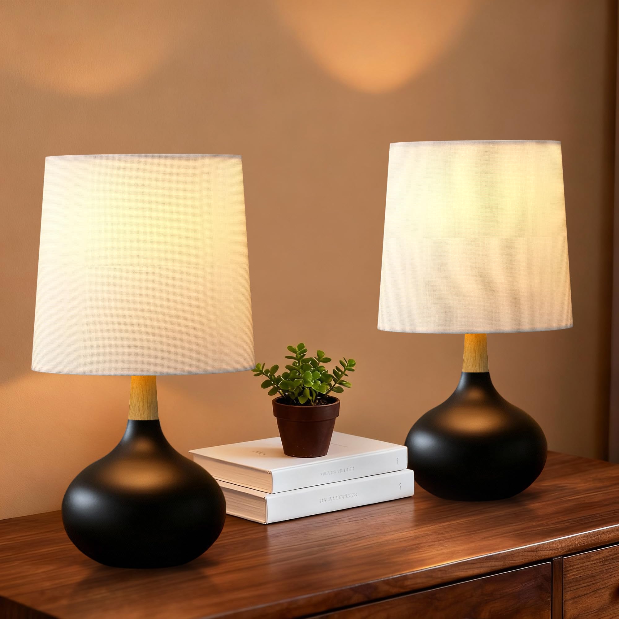 HIGHTRY 14 Ceramic Table Lamp Set of 2 with Natural Wood Stem & Linen Shade for Bedroom Decor,Modern Farmhouse Small Bedside Lam