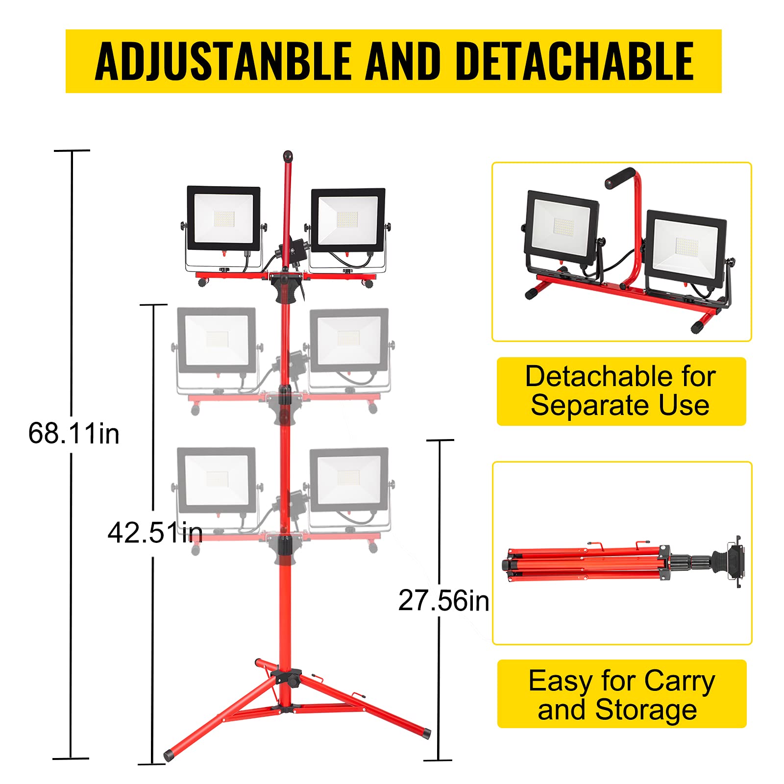 Vevor Led Work Light With Stand, 10000 Lumen Dual-Head Led Work Light With 27.6''-68.1'' Adjustable And Foldable Tripod Stand, I