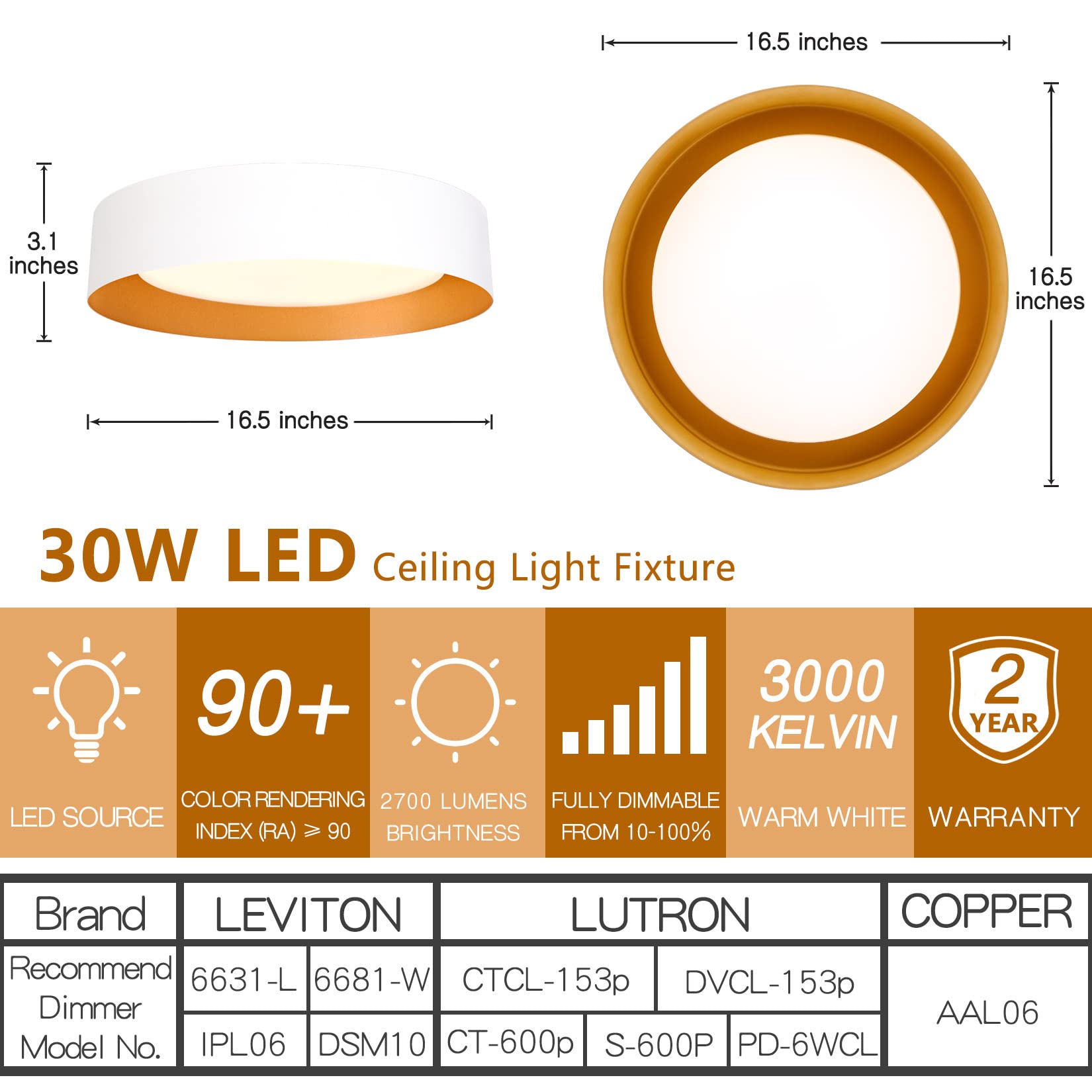 Bargeni 16.5 Inch Dimmable Led Flush Mount Ceiling Light, Matte White With Gold Inside, 3000K/Warm White/30W, Modern Light Fixtu