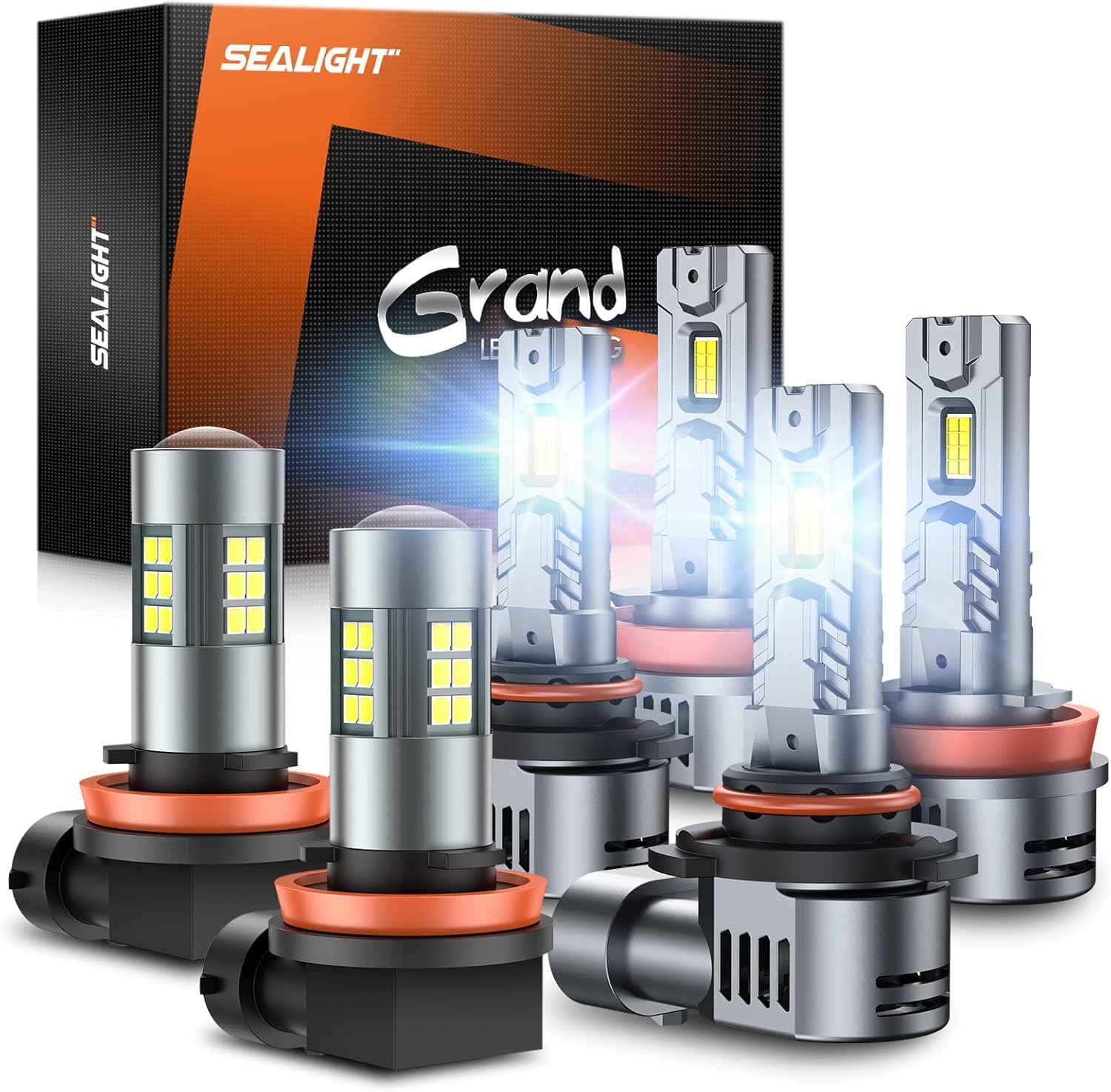 SEALIGHT 9005 H11 LED Light Bulbs Combo 66,000LM 6500K with Cooling Fan, True Plug-N-Play, Pack of 6, White