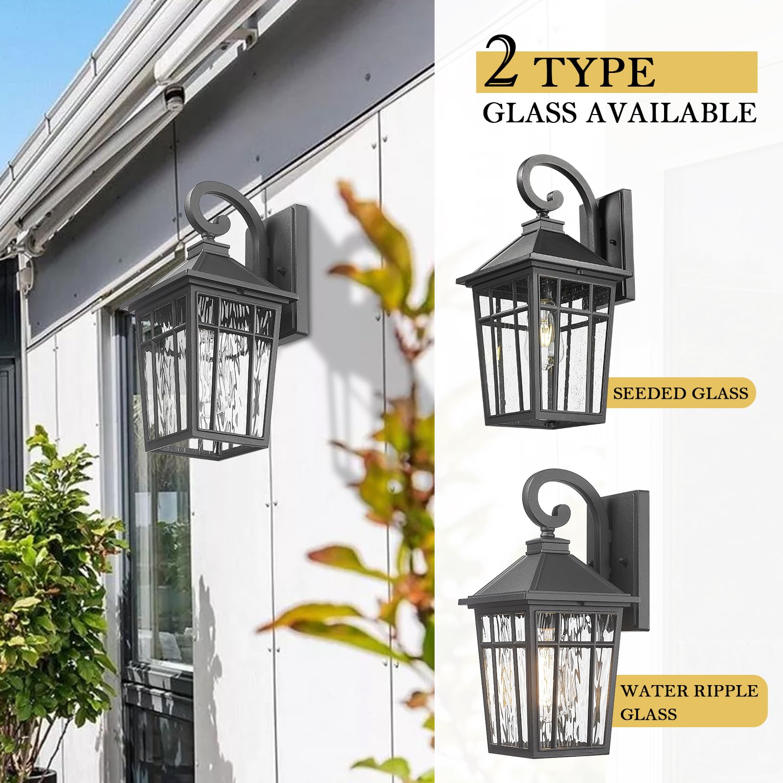 Darkaway Outdoor Wall Lights For House  Exterior Lighting Fixtures Wall Mount Outside Porch Lights Waterproof Black Outdoor Sconce Lights With Water Ripple Glass For Patio Garage Front Door