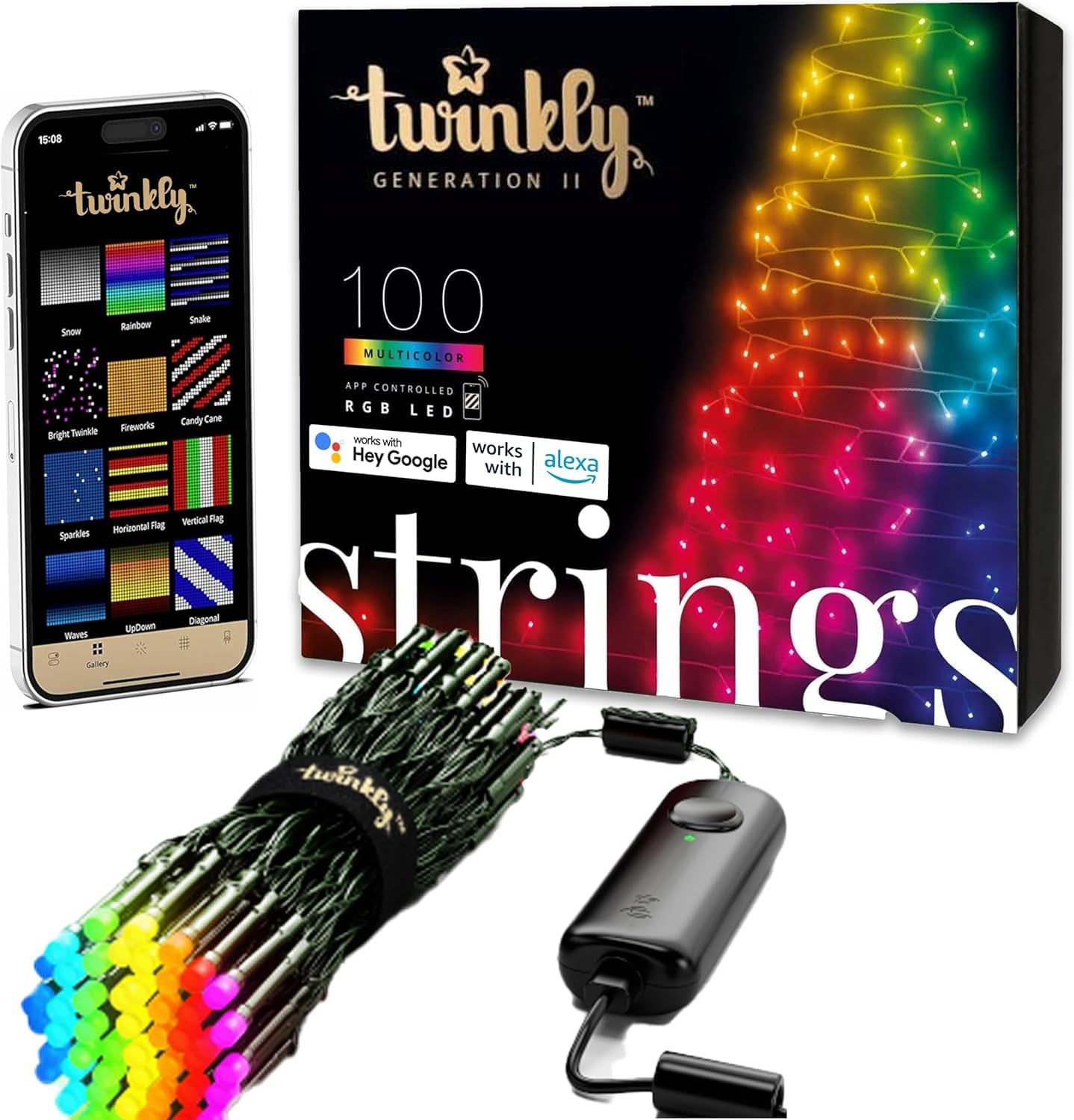 Twinkly App-Controlled 26.2ft Smart String LED Lights with 100 RGB LEDs - WiFi & Bluetooth Connectivity  Indoor/Outdoor Use (IP44)  Compatible with Google Assistant & Amazon Alexa Ecomm Packaging