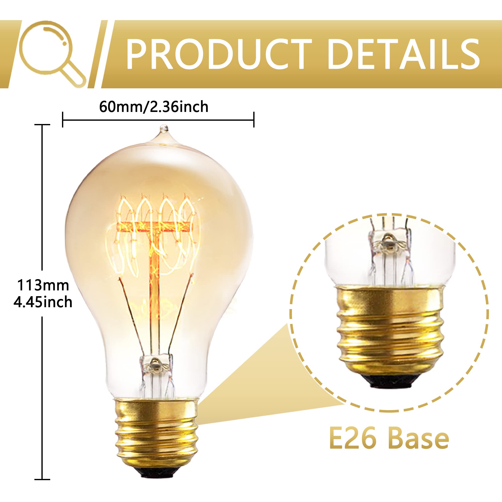 Figame A19 Edison Bulb Pack 6, 60W 120V Dimmable 2200K Warm Yellow E26 Base, Antique Retro Style Old Style Incandescent Bulb, Am