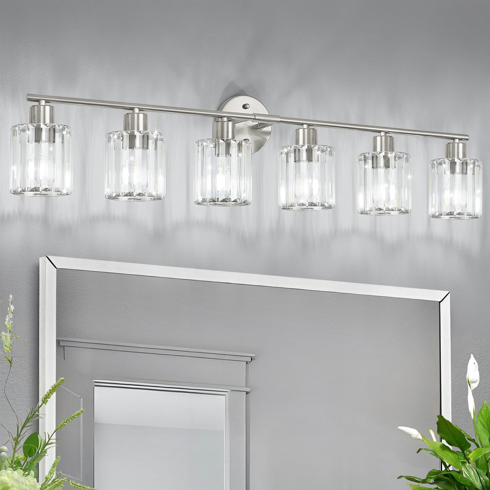 Kvhiiw Crystal Bathroom Light Fixtures,Bathroom Lighting Fixtures Over Mirror, Modern 6-Light Brushed Nickel Vanity Lights for M