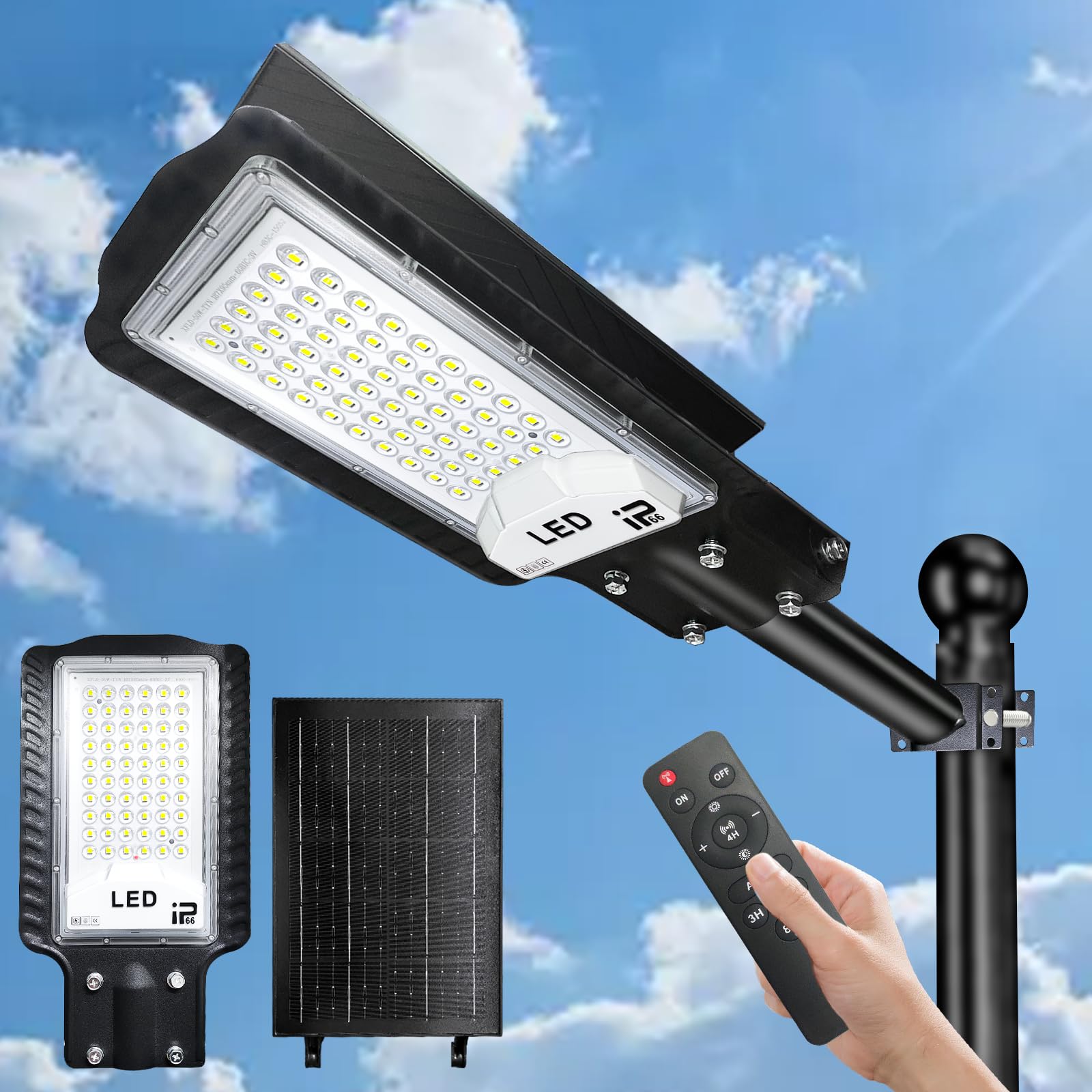 Indmird Solar Street Lights - 10000LM, IP66 Waterproof, Motion Sensor, Remote Control, Aluminum, White Light, Model CHX002