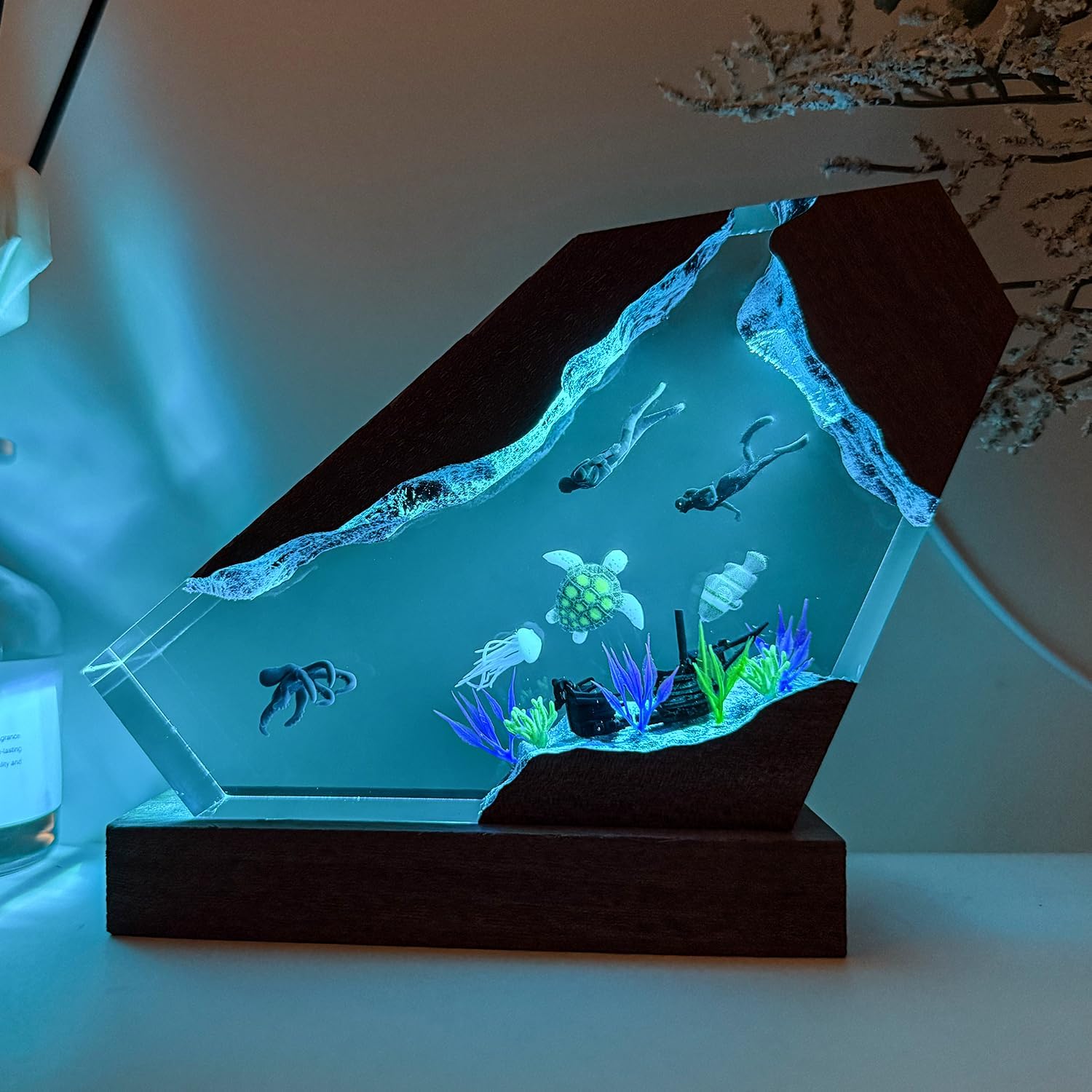 Nice Hera Octopus Ocean Resin Lamp  Handmade Wooden Table Resin Night Light  Usb Port Art Ornaments For Home Office Decor  Scuba Diver Gifts For Birthday Holiday  ValentineS Day Gifts For Husband