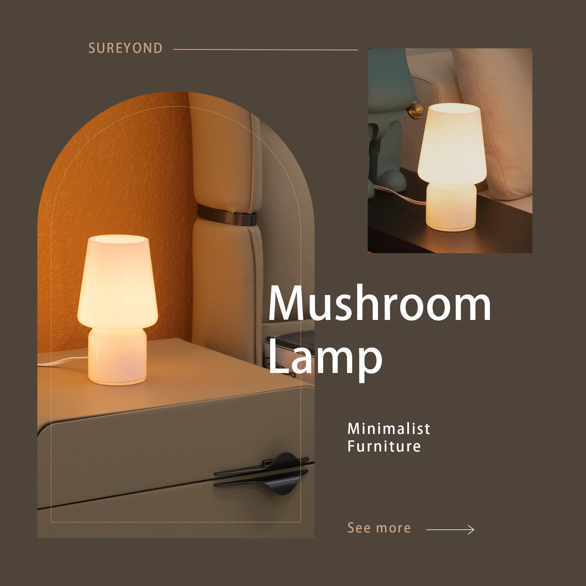 Sureyond Mushroom Lamp,Small Table Lamp,Mini Lamp Cute Lamp Nightstand Lamp Kitchen Lamp,Glass Mushroom Table Lamp,Suitable For Bedrooms, Kitchens, Living Rooms, Bedside, Girl Gifts(White)