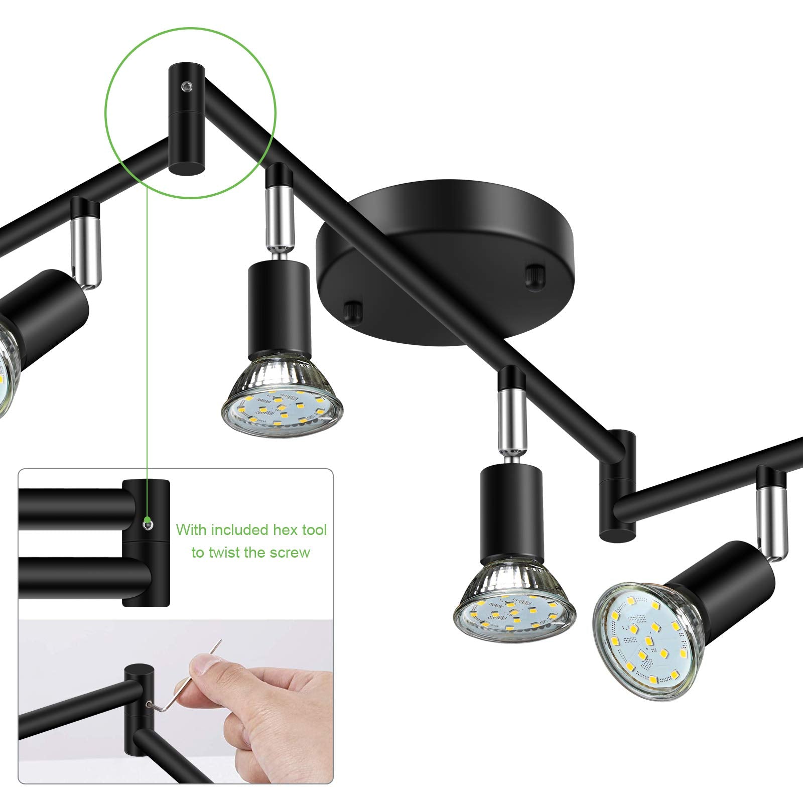 Unicozin Led 6-Light Track Lighting Kit - Black, 6-Way Ceiling Spot Lights With Flexibly Rotatable Heads, Includes 6 X Led Gu10