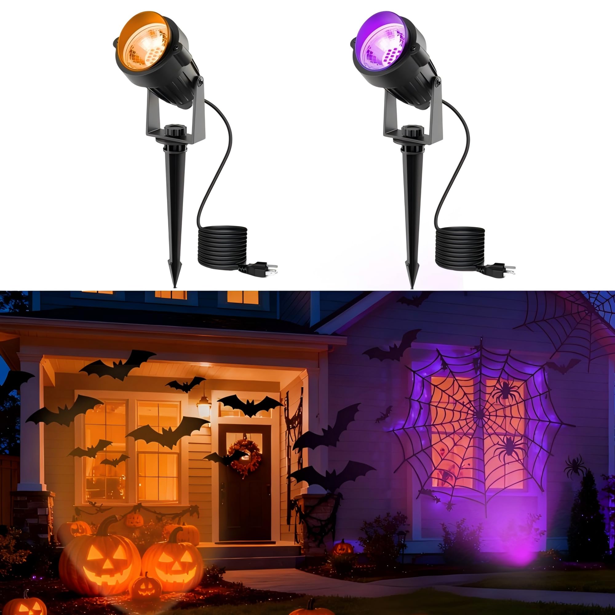 L Lohas Led Halloween Orange And Purple Spotlights Outdoor  Auto On/Off 5W 120V Landscape Lighting For For House  Holiday  Trees  Decoration  450Lm Ip66 Waterproof  Ul Listed  2 Pack