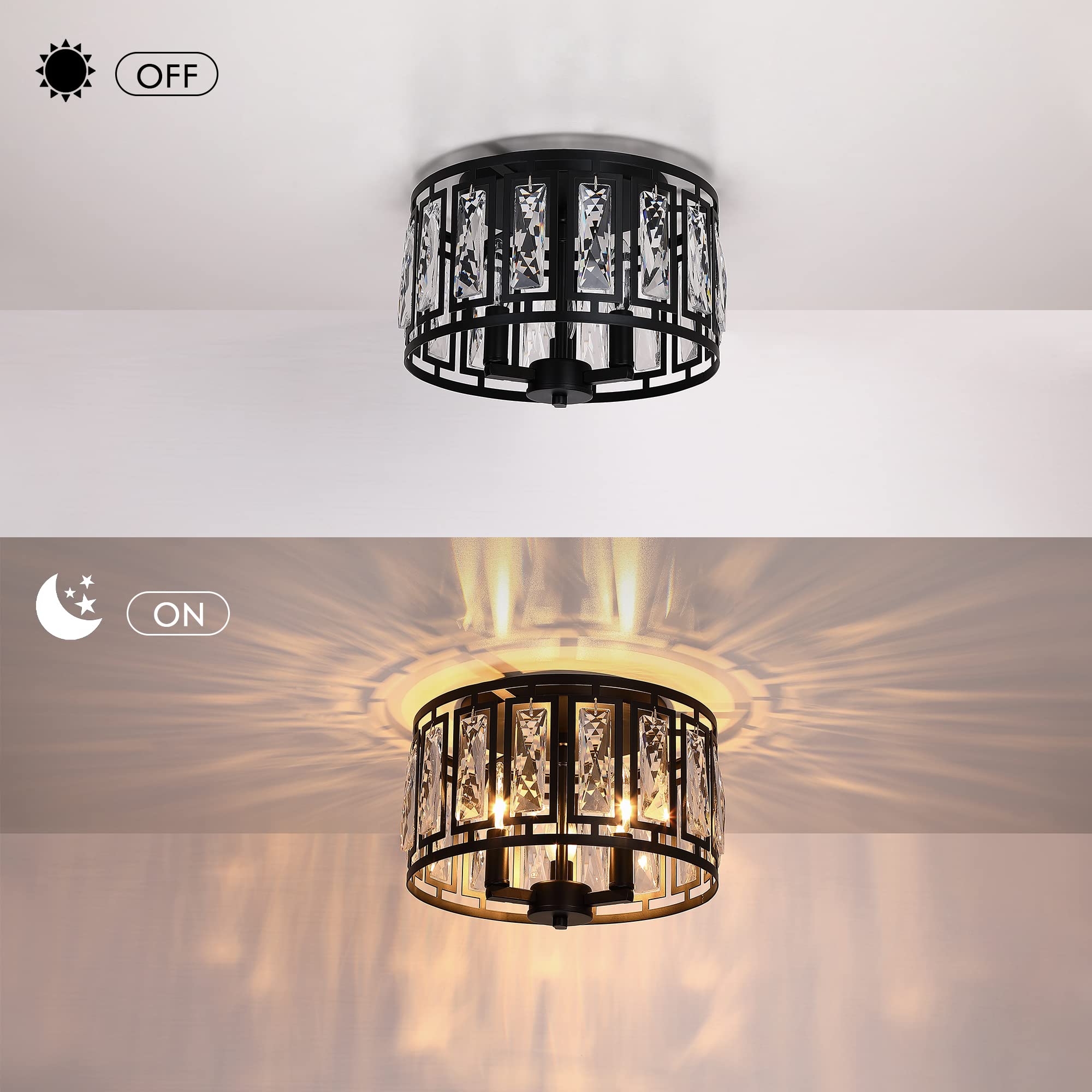 Crystal Ceiling Light Flush Mount For Bedroom, Kitchen Island Crystal Drum Shade Lighting Fixture, 3-Light Black Ceiling Lamp Fo