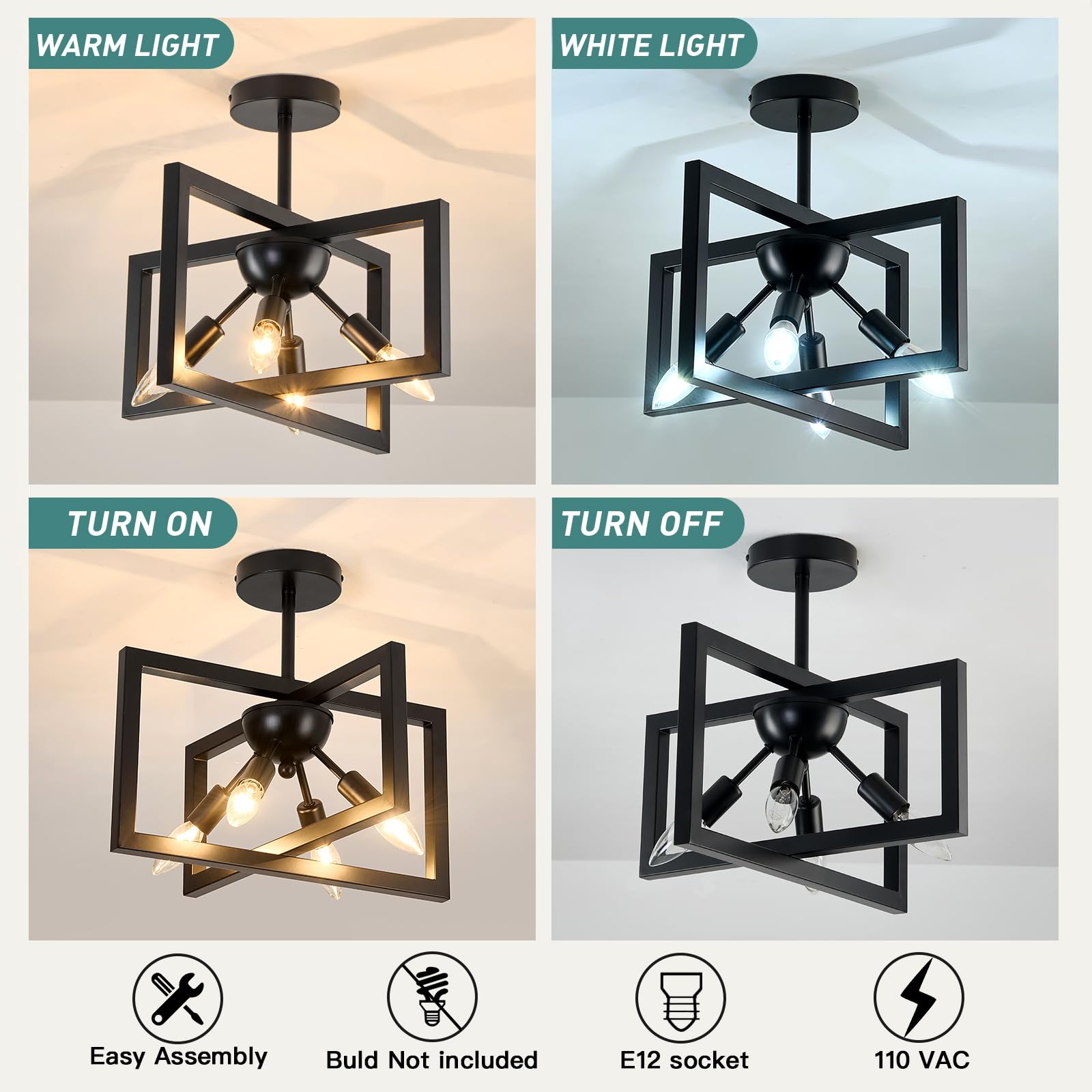 ZGLAOJT 4-Lights Ceiling Light Fixture Modern Iron Semi Flush Mount Chandelier F-1438 for Bedroom Kitchen Living Room Black