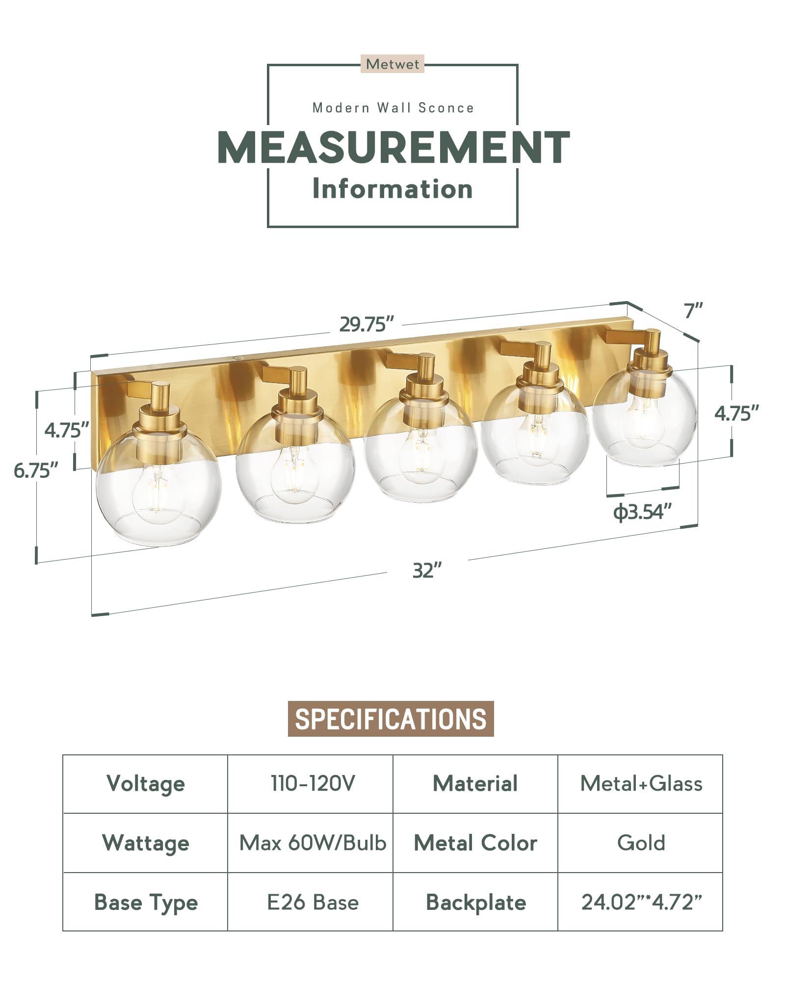 Metwet Bathroom Light Fixtures, 5 Light Brushed Gold Vanity Light, 32 Inch Modern Wall Sconces With Globe Clear Glass Shade, Van
