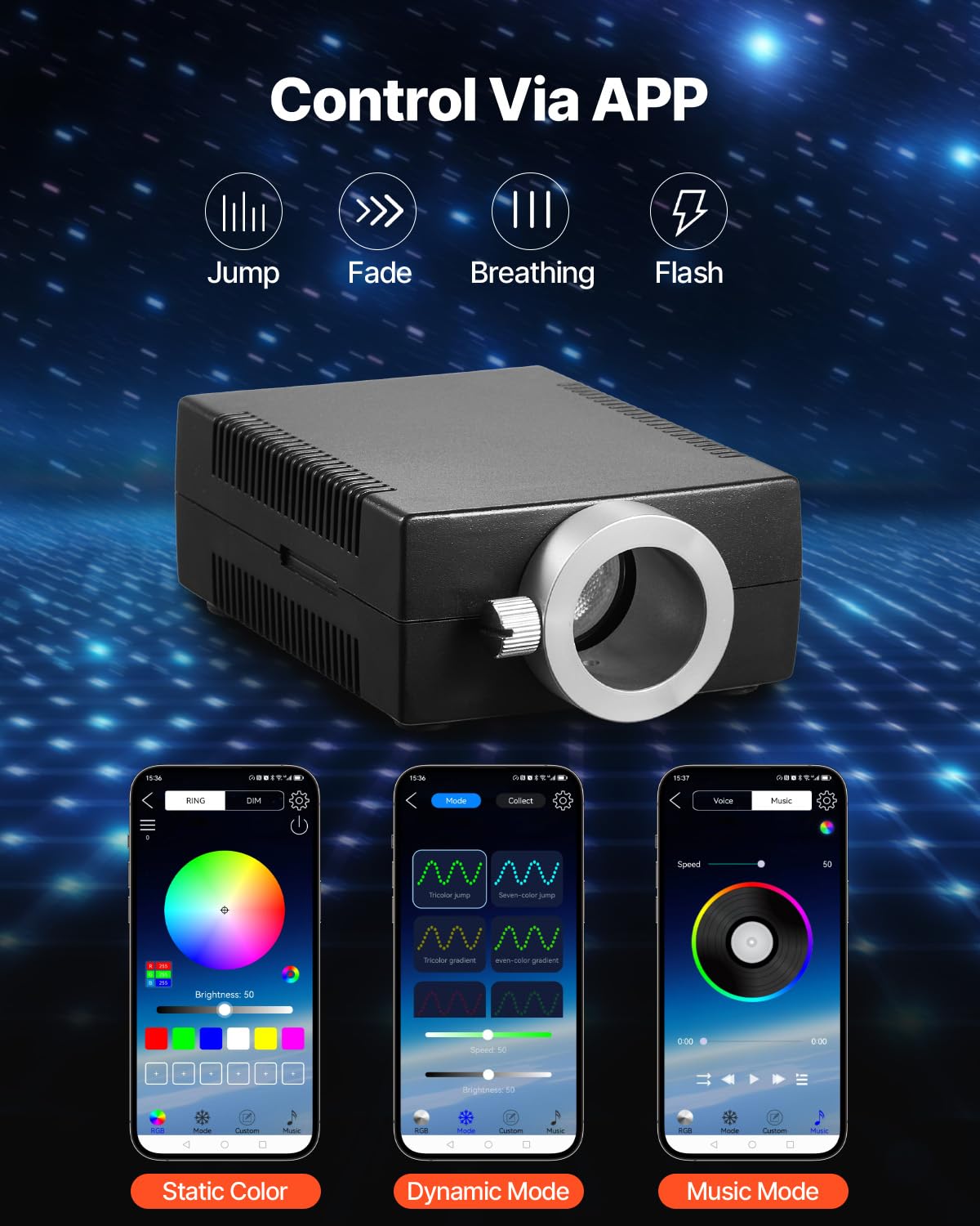 VEVOR Fiber Optic Star Ceiling Lights Kit, 150 pcs, 0.03 in, 6.5 ft, Bluetooth APP, Sound Activated, Black Shell, Model LLE-002