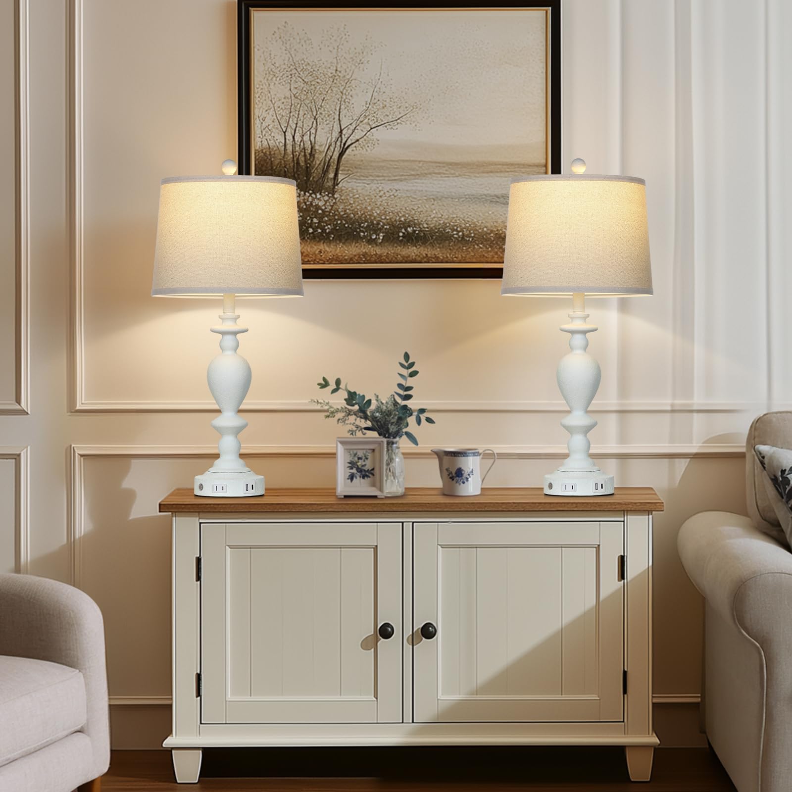 Cinkeda 28'' White Farmhouse Table Lamps Set Of 2 With Usb C+A Ports & Ac Outlet For Vintage Living Room Rustic Bedroom,3-Way Di