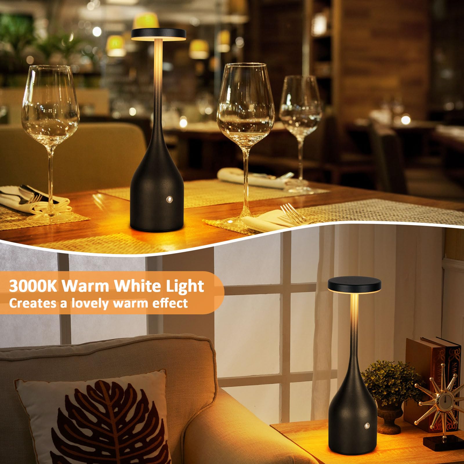 FenFud Cordless Table Lamp - 5000mAh LED Light, Waterproof, 2 Pack, Black