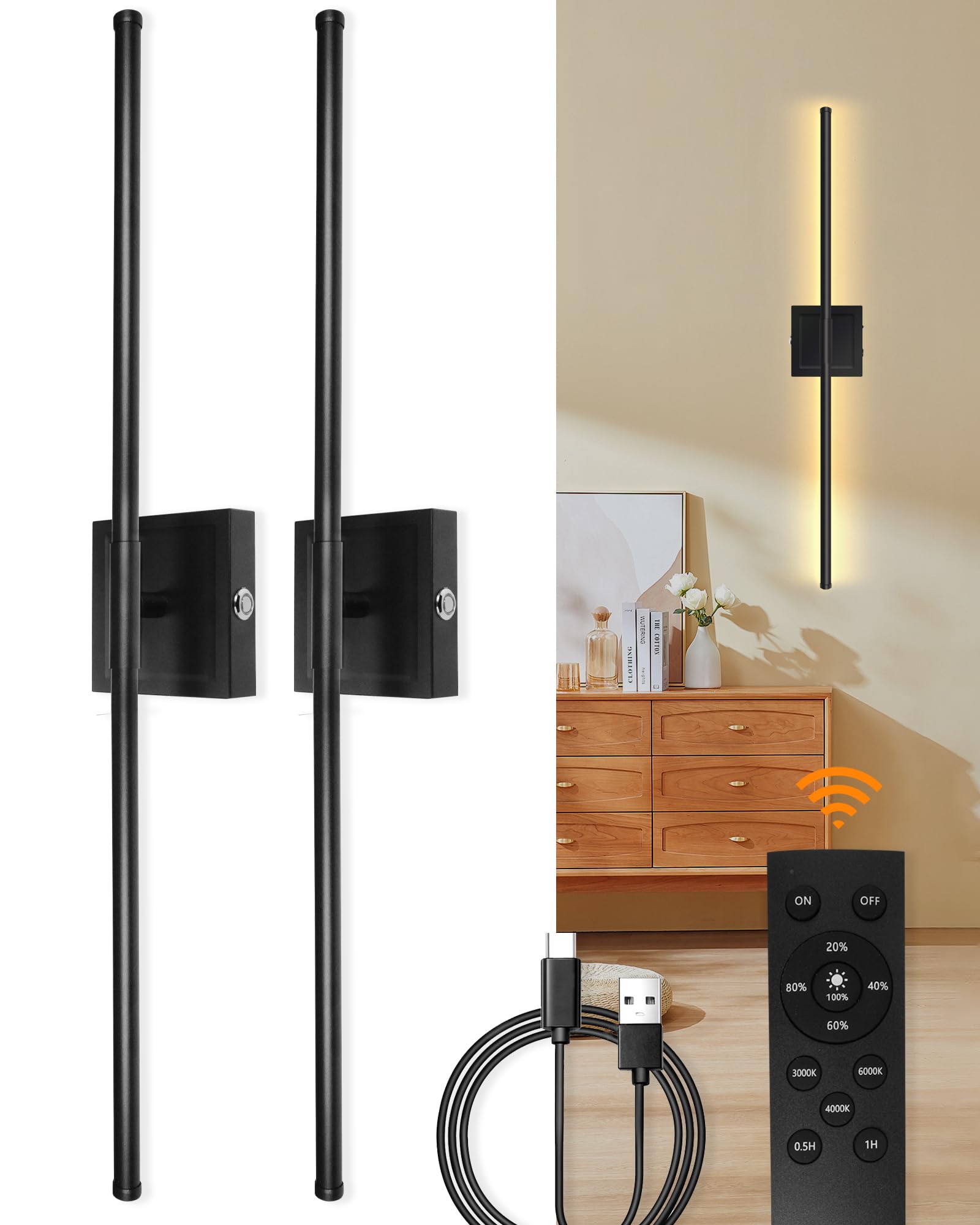 GRATESOLA Battery Operated Wall Sconces Set of Two, Dimmable LED 3000K-6500K, 24.4 Inch, Black, Model BYKX620B