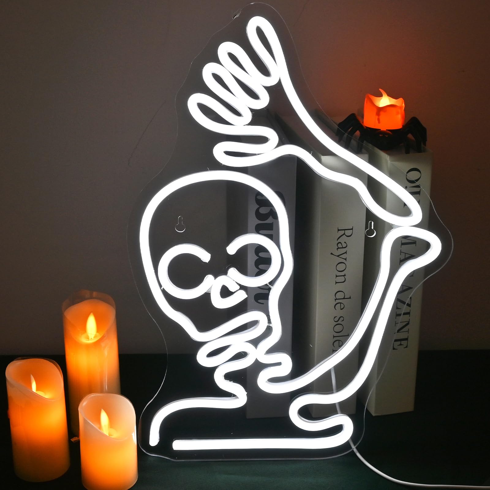 Faxfsign Skeleton Skull Neon Sign White Halloween Waving Ghost Led Light Up Signs For Wall Window Decor Usb Fun Lamp Neon Light Signs For Bedroom malt-inspired Bar Man Room Birthday Halloween Party Gifts