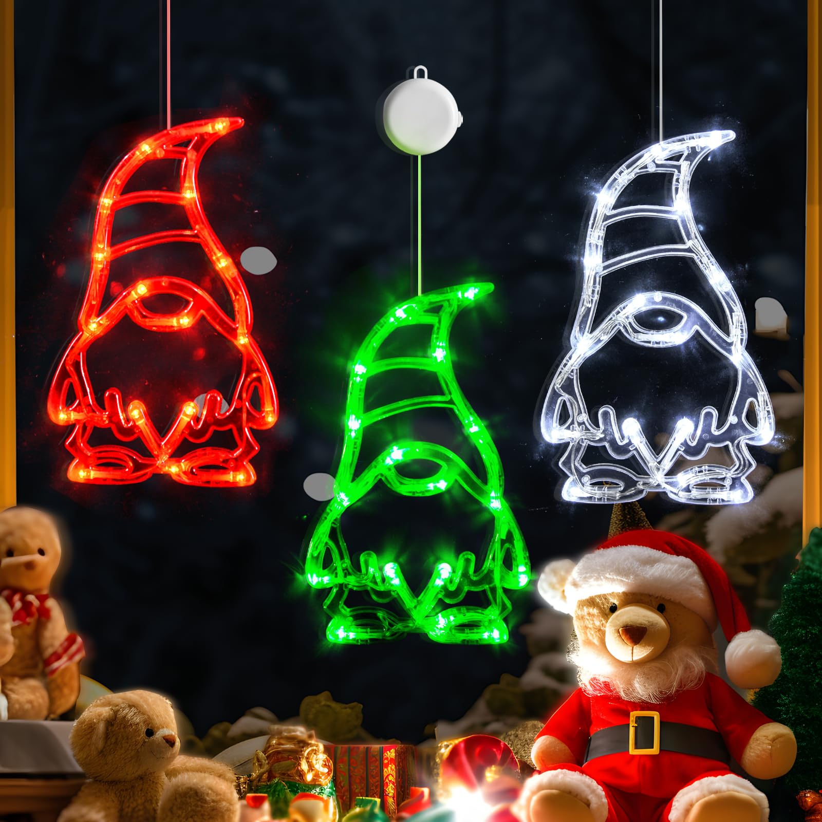 LOLStar Christmas Window Lights 3 Pack Red White and Green Gnomes Xmas Lights with Suction Cups 2024 Upgrade Timer Function and 