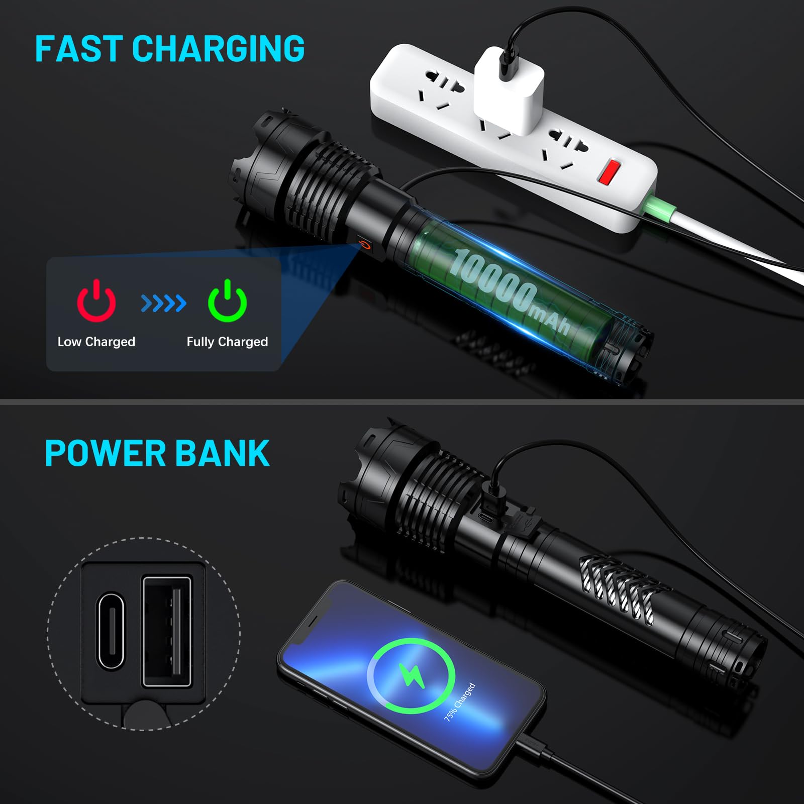Grentay Rechargeable LED Flashlight, 3600 Lumens, Tactical, Large, Black, Model XHP160-L, Ideal for Camping and Home Emergencies