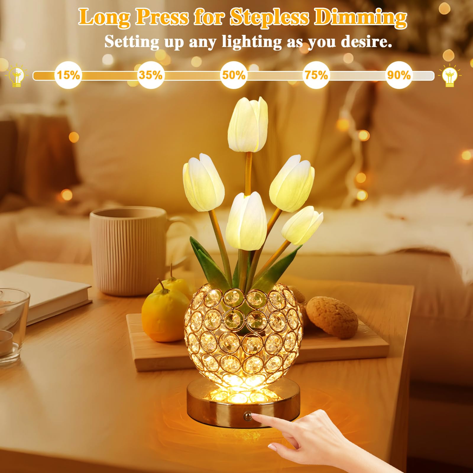 Zqpbled Birthday Gifts For Women/Mom Table Lamp  3 Color Crystal Flower Bedside Lamps Infinitely Dimming With Usb Charge Small Night Light Nightstand Touch Lamp For Bedroom (A-White)