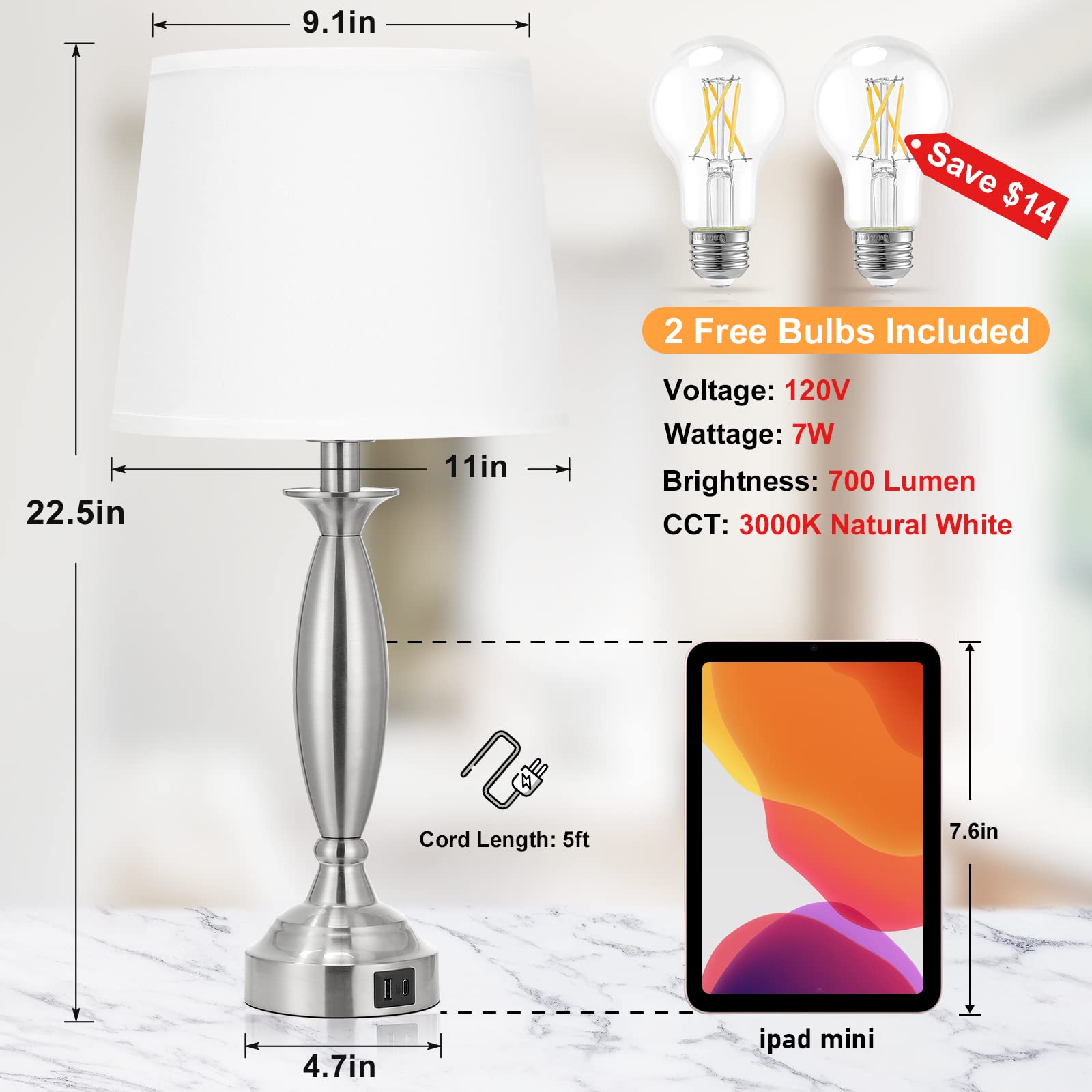 Seealle Touch Control Bedside Lamps Set of 2 - 3 Way Dimmable, USB Port, Metal, 22.5in, White Shade and Nickel Base
