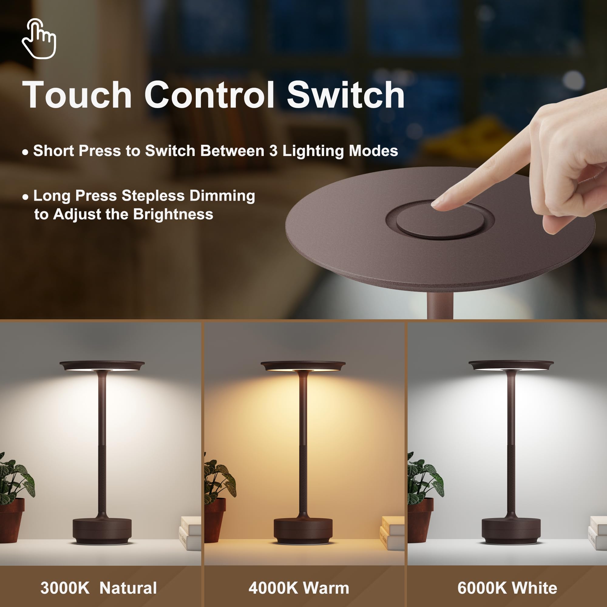 FDIDC Rechargeable Cordless Table Lamp, 5000mAh, Touch 3 Color Dimming, Aluminum, 1 Pack, Rust, Model T106A-C