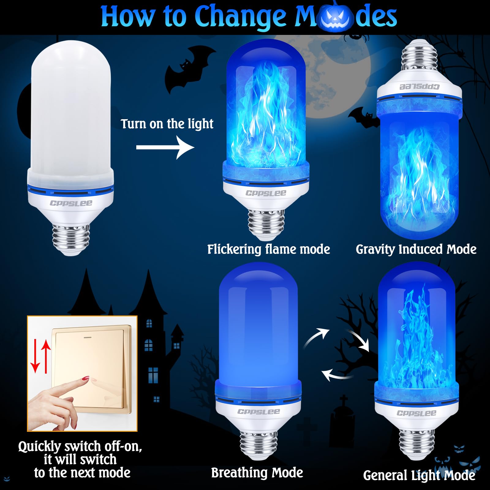 CPPSLEE LED Flame Light Bulbs, 4 Modes Flickering, E26 Base, 4 Pack, Blue