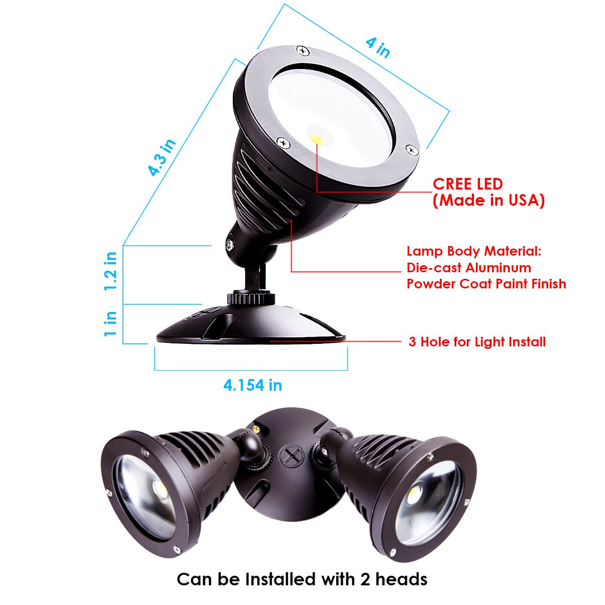TOPELE 1100LM LED Flood Light, Waterproof Metal Fixture, 5000K, Bronze, Model JSL-03Z for Outdoor Security and Landscape Use