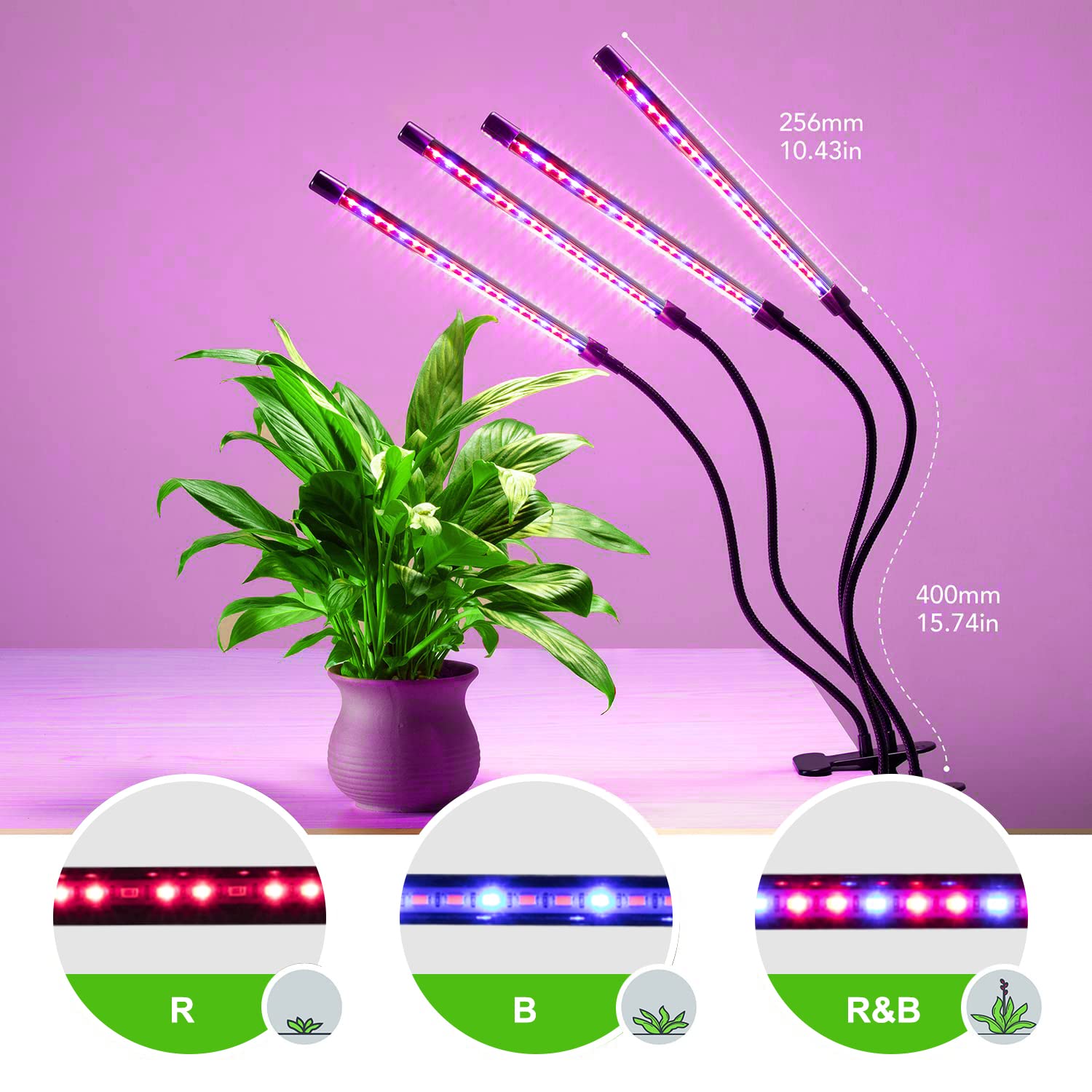 Growstar Plant Lights For Indoor Growing, Red Blue Spectrum 4 Heads Clip Grow Lamps With 10 Feet Cables For Seeding Blooming And Fruiting(2 Pack)