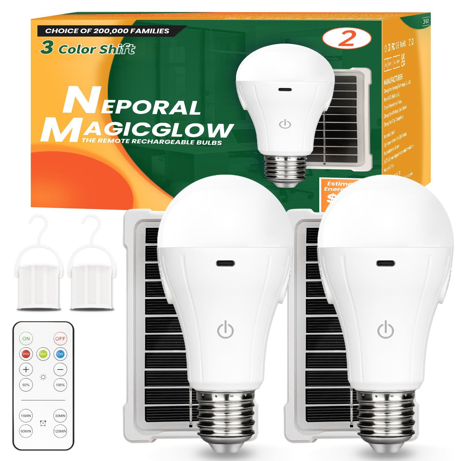 Neporal MagicGlow Rechargeable Solar Light Bulbs with Remote, USB+Solar Rechargeable Bulbs,3 Colors Shift + Dimmable Battery Light Bulb, A19 Emergency LED Light Bulbs, 15W, Up to 24 Hours, 2 Pack