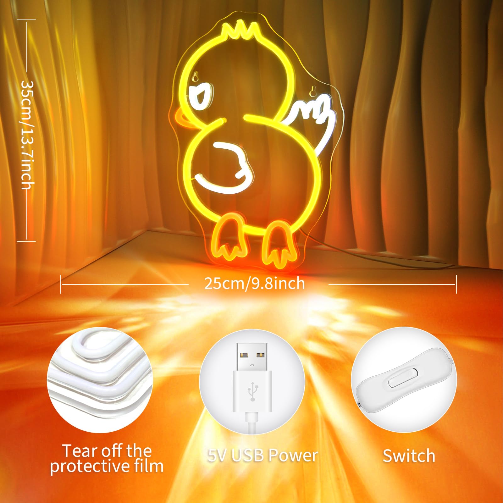 JEDAEMEN LED Neon Sign for Wall Decor, Duck Off, Acrylic, 13.8 x 9.8 inches, USB Powered, Yellow White
