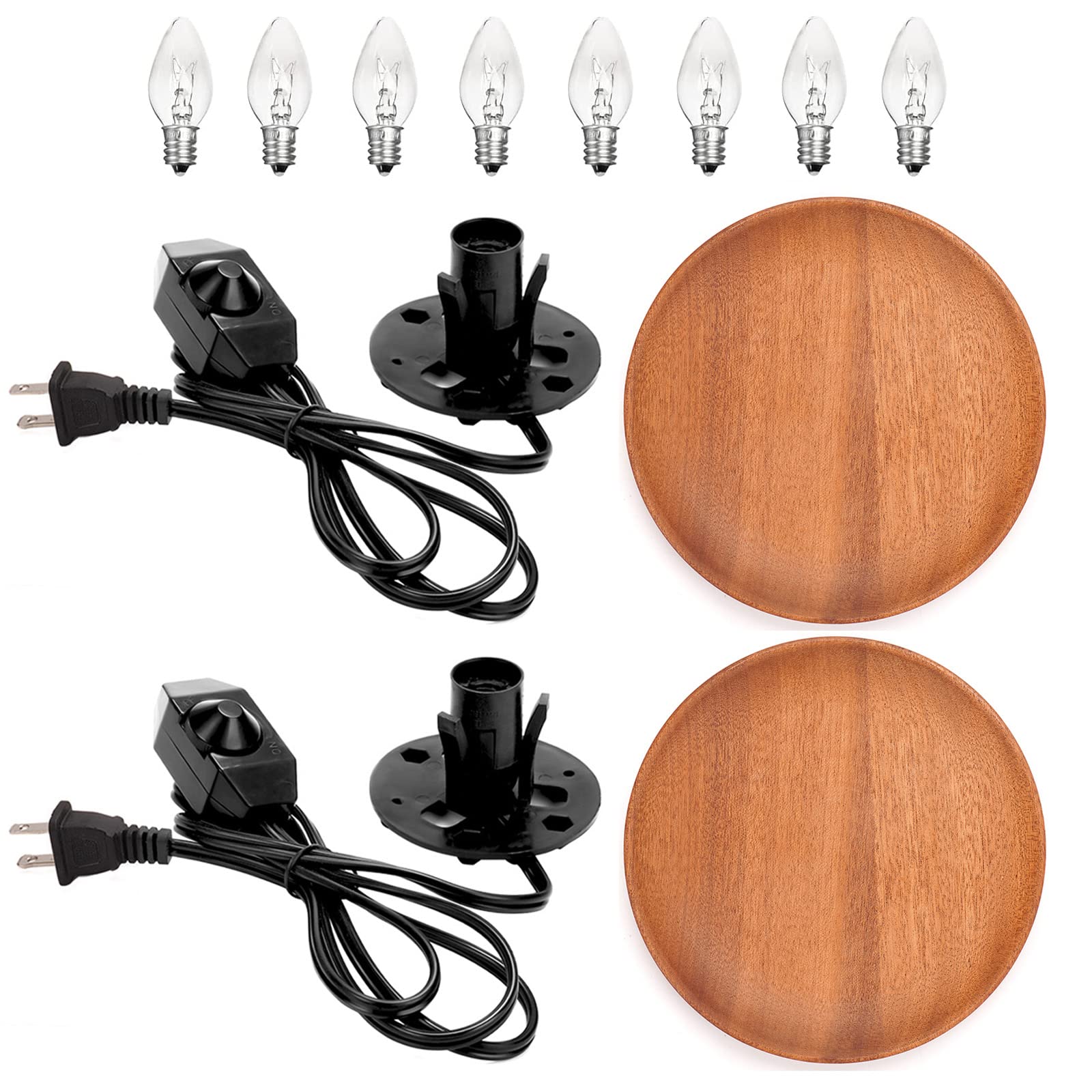 OHLGT 2 Pack Salt Lamp Cord Replacement with 2 Pack Wooden Tray and 8 Pack E12 Halogen Salt Lamp Bulbs