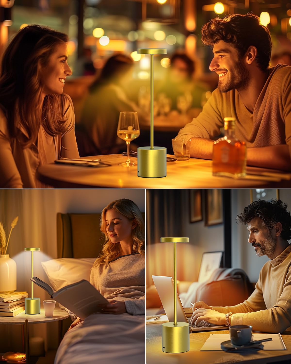 Swinerton Cordless Table Lamps Set of 2 - Rechargeable LED, 5000mAh Battery, Dimmable 3 Color Lighting, Gold