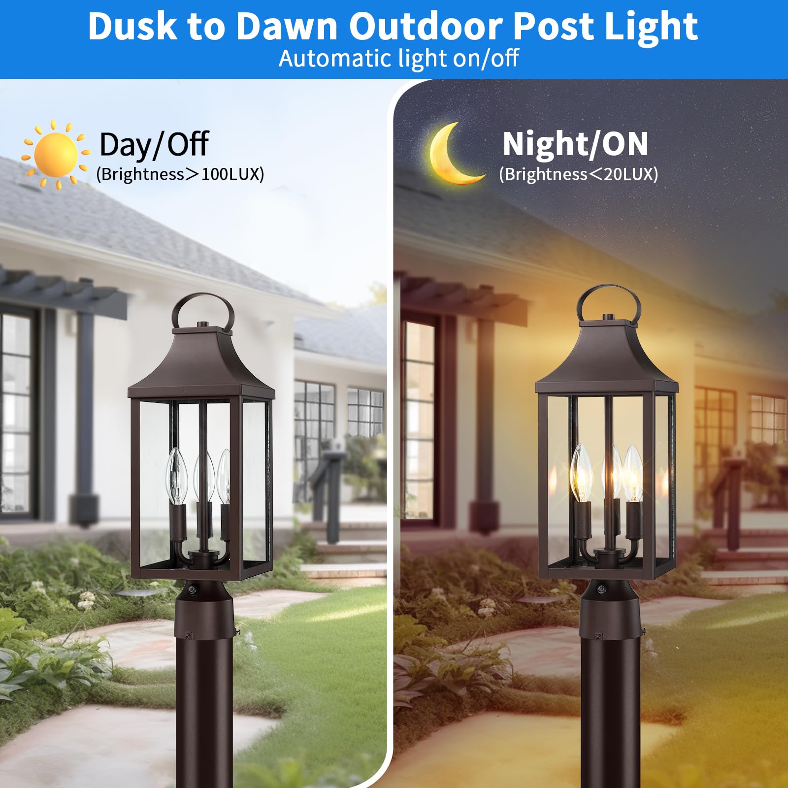MYHXQ 3-Light Post Light Fixture, Waterproof Aluminum Outdoor Lantern, 18.62in , Brown, Model PL104A-BW, With Sensor