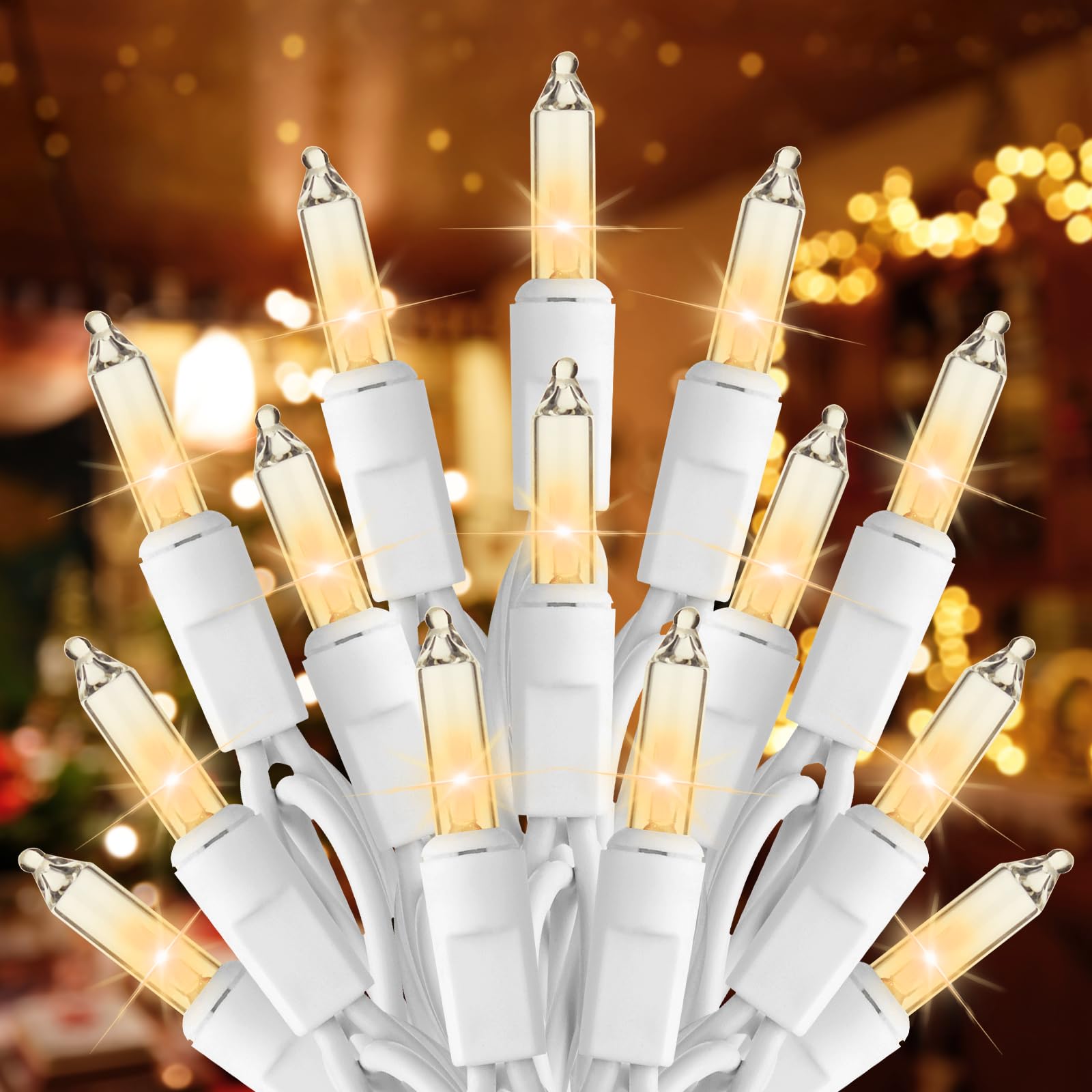 Brightown 100-Count Mini String Lights, Warm White Incandescent Bulbs, 25ft, Indoor Holiday Decor, Model HWO-100/2FC