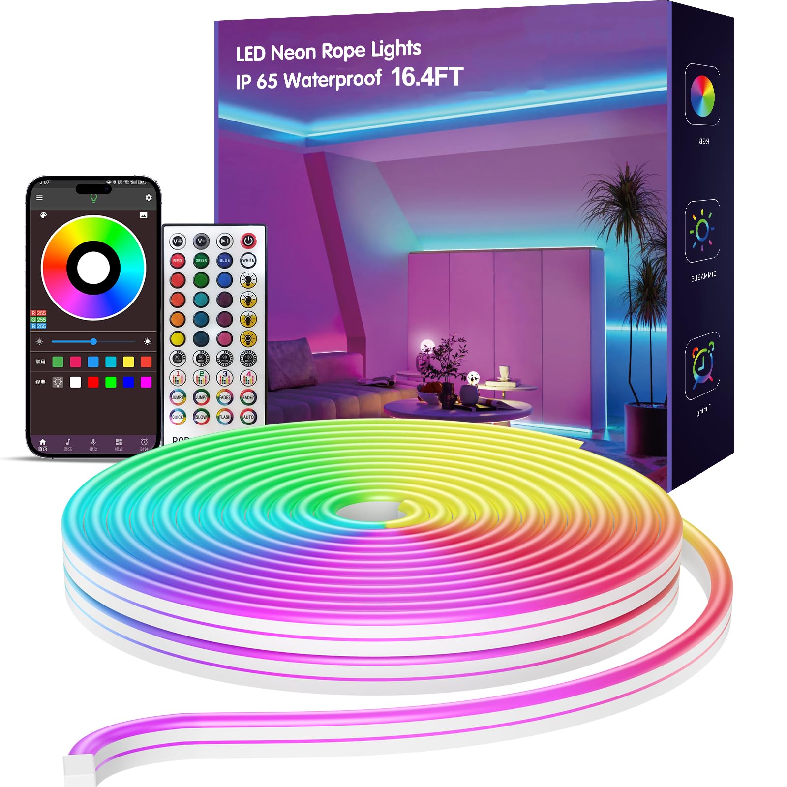 Buiestur 16.4 Ft Neon Rope Lights,Bedroom For Rgb Led Strip Lights,Outdoor Ip65 Waterproof Led Lights, With Remote Control And Application Control, Music Synchronous Color Changing Light, Diy Design