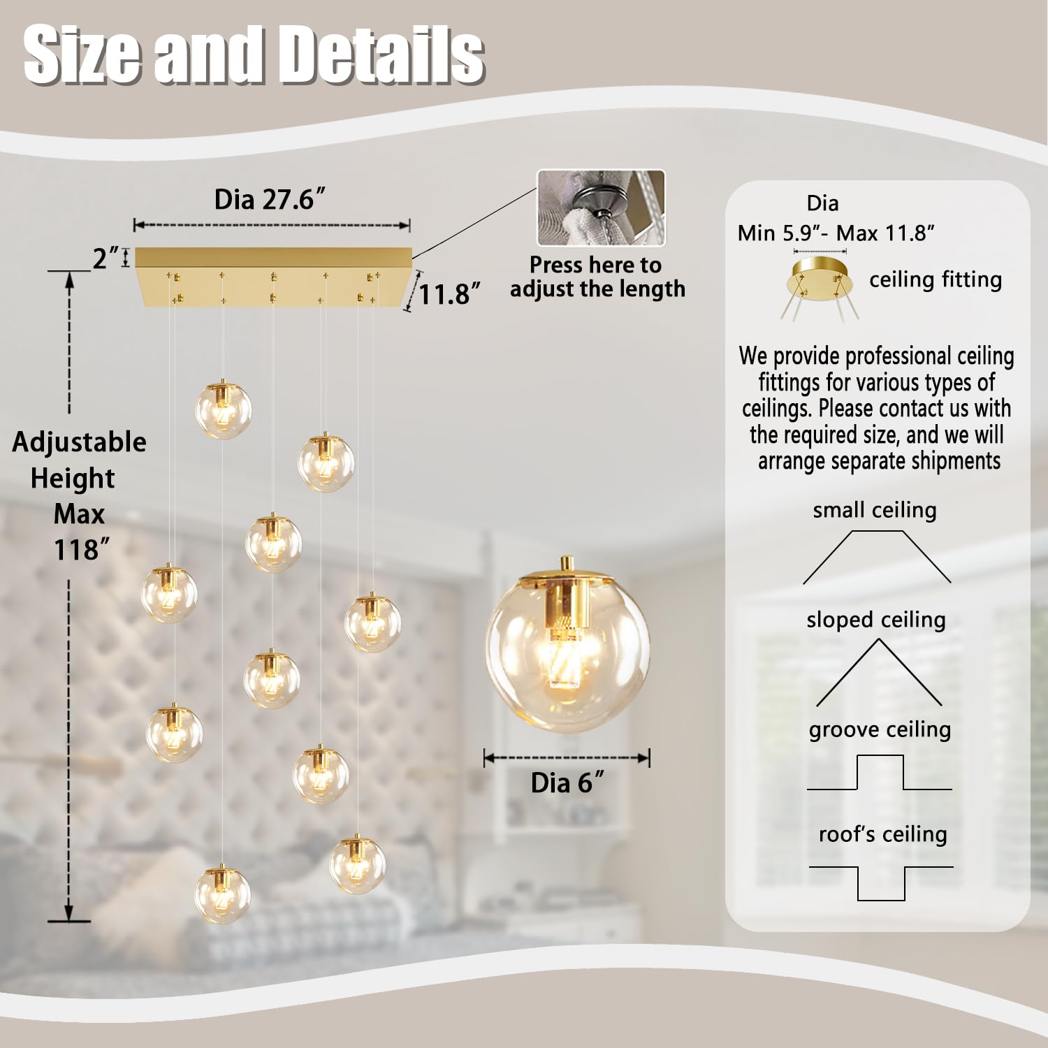 Ykolupty 10-Lights Chandeliers For Dining Room Glass Globe Pendant Light Gold Chandeliers Rectangle Pendant Ceiling Light Fixtur